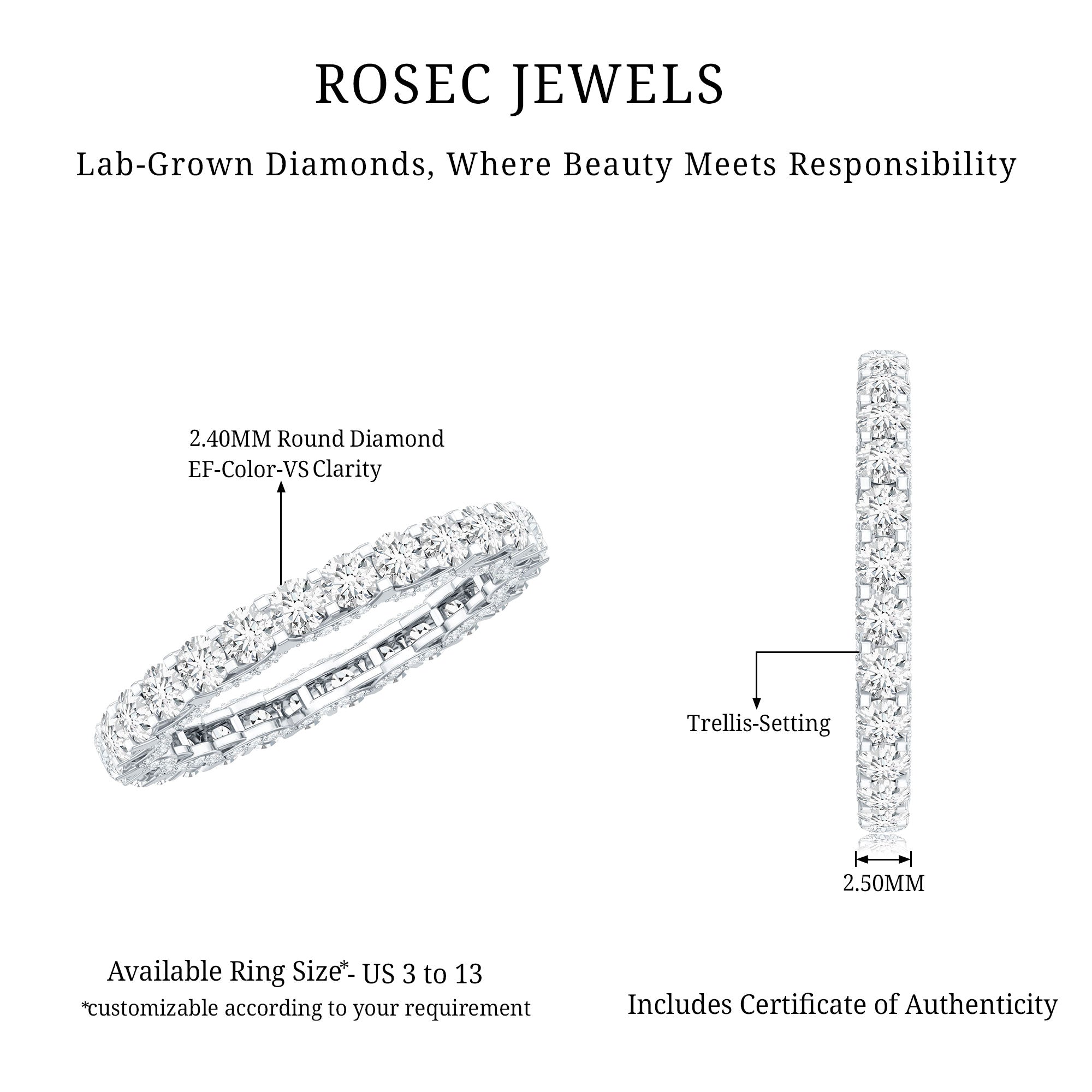 Certified Lab Created Diamond Eternity Wedding Band Lab - ( EF-VS ) - Rosec Jewels