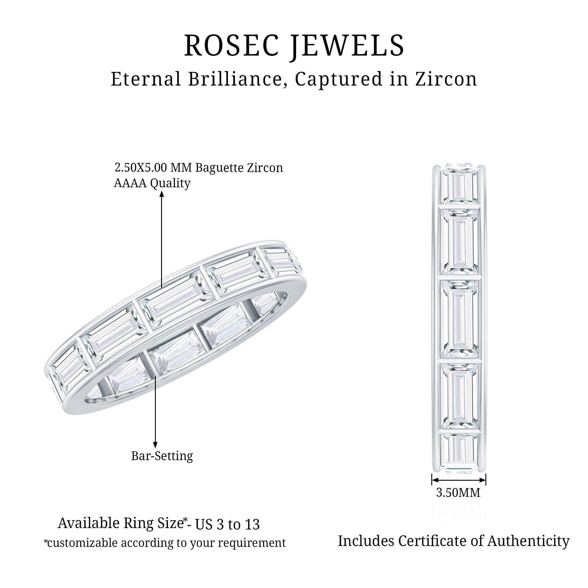 Baguette Cut Zircon East West Full Eternity Band Ring AAAA - Rosec Jewels