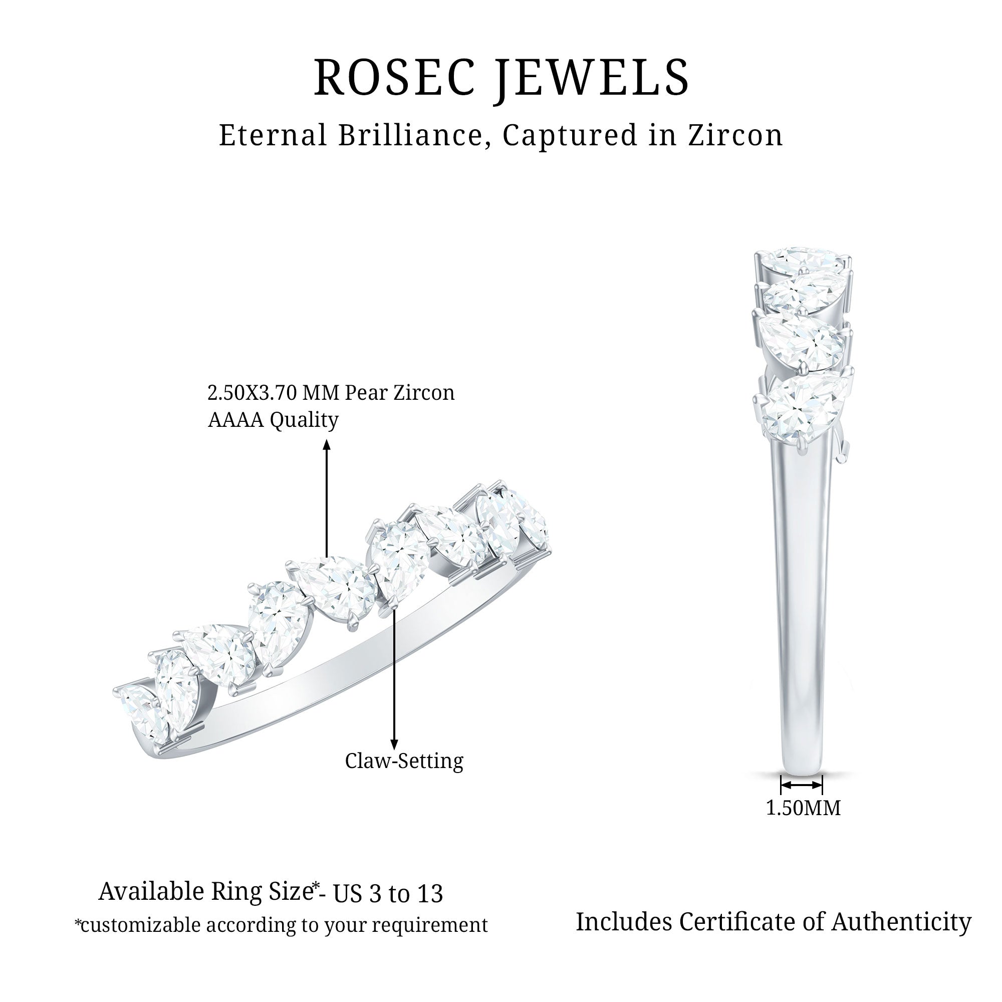 Pear Cut Cubic Zirconia Half Eternity Ring AAAA - Rosec Jewels