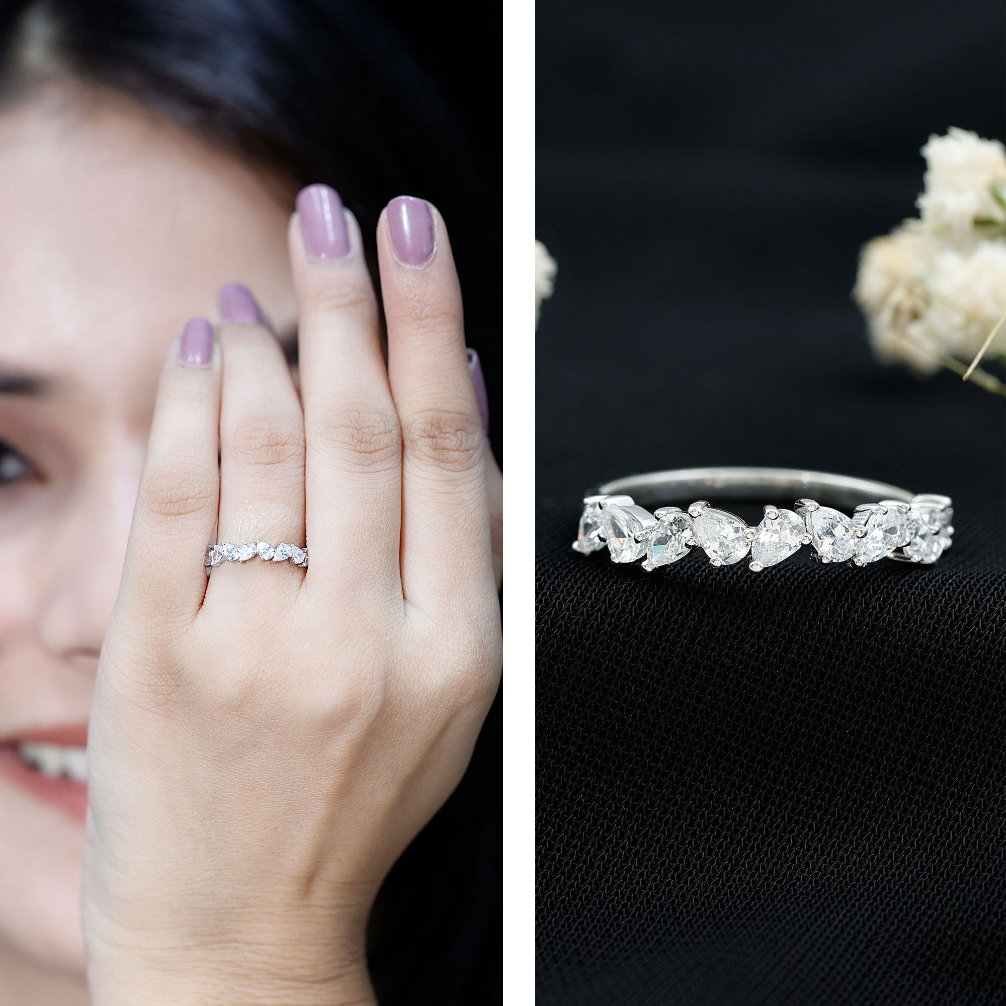 Pear Cut Cubic Zirconia Half Eternity Ring AAAA - Rosec Jewels