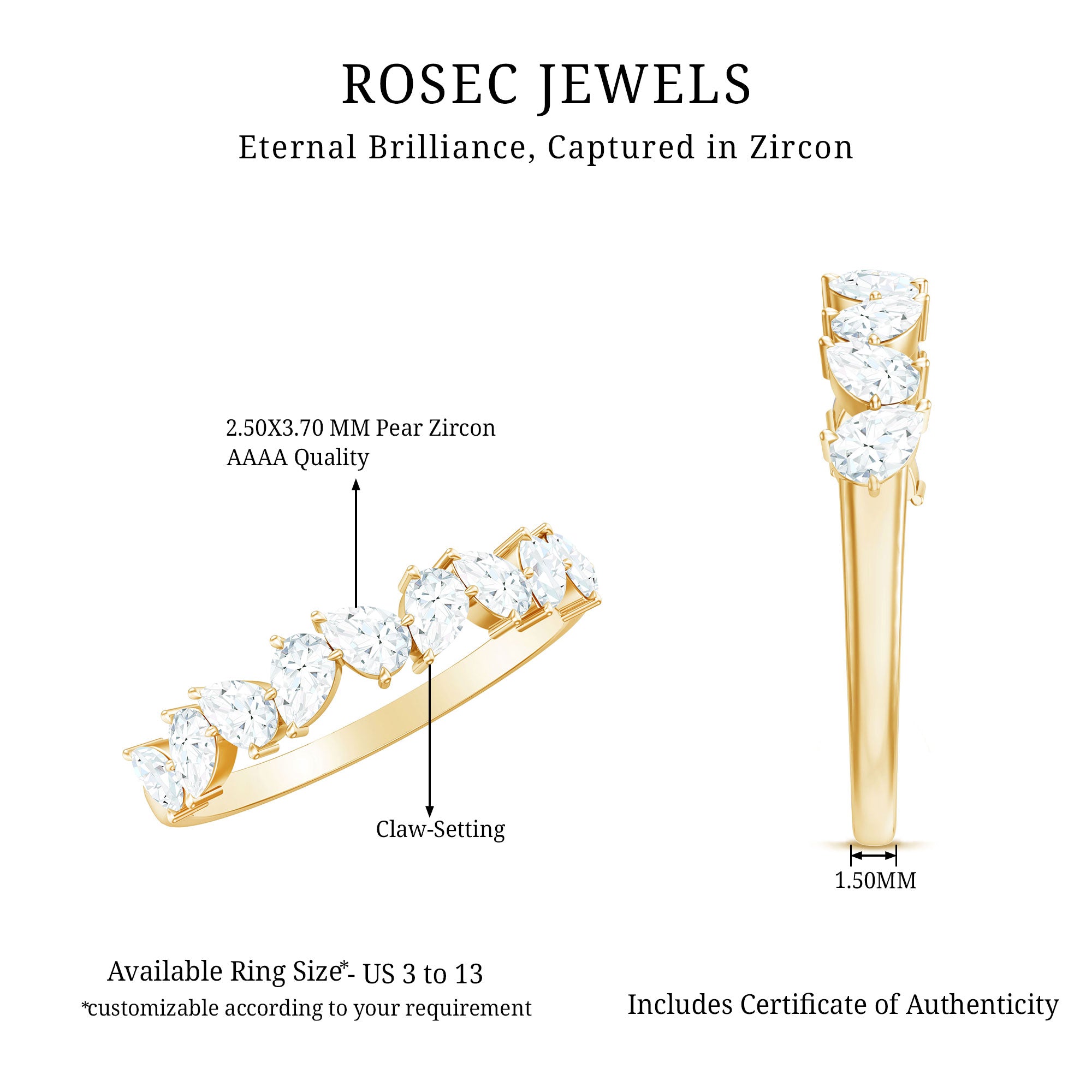 Pear Cut Cubic Zirconia Half Eternity Ring AAAA - Rosec Jewels