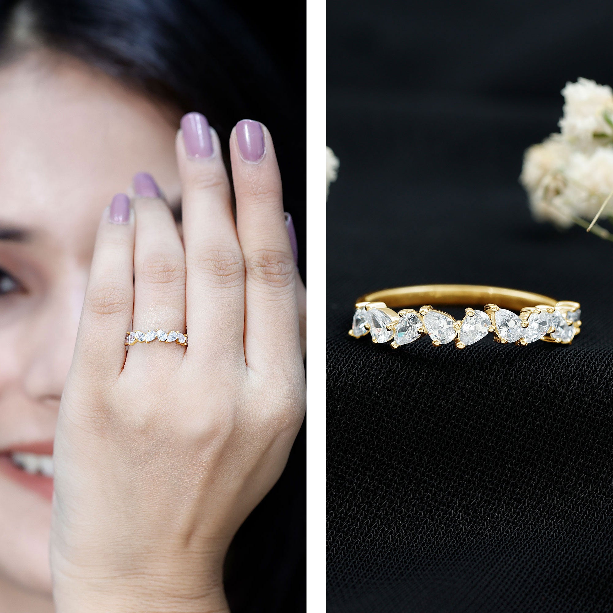 Pear Cut Cubic Zirconia Half Eternity Ring AAAA - Rosec Jewels