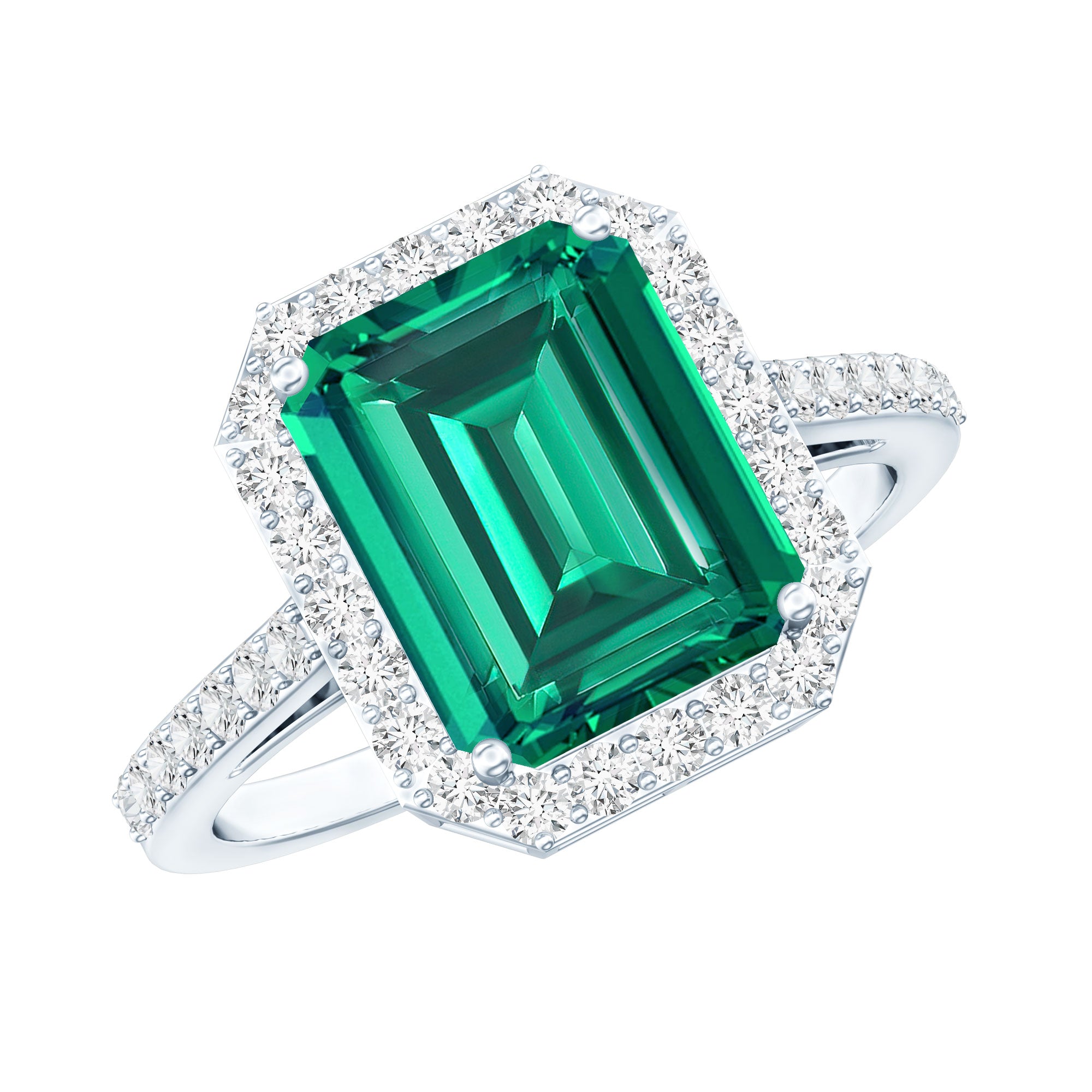 Lab Grown 3 Carat Emerald Cut Emerald Engagement Ring with Diamond Halo AAAA - Rosec Jewels