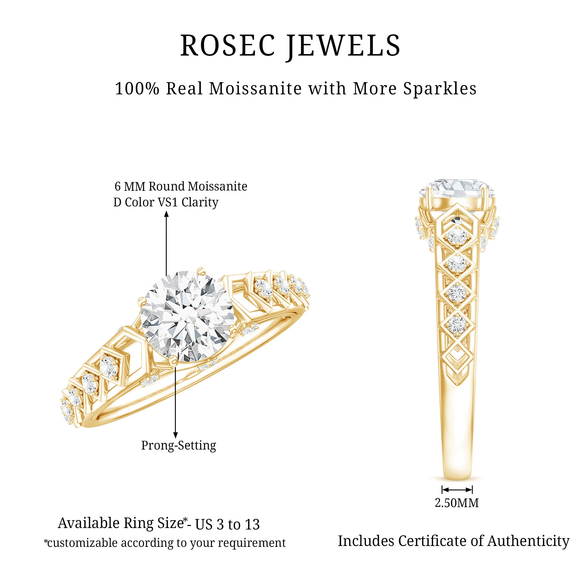 Round Cut Certified Moissanite Art Deco Engagement Ring D-VS1 - Rosec Jewels