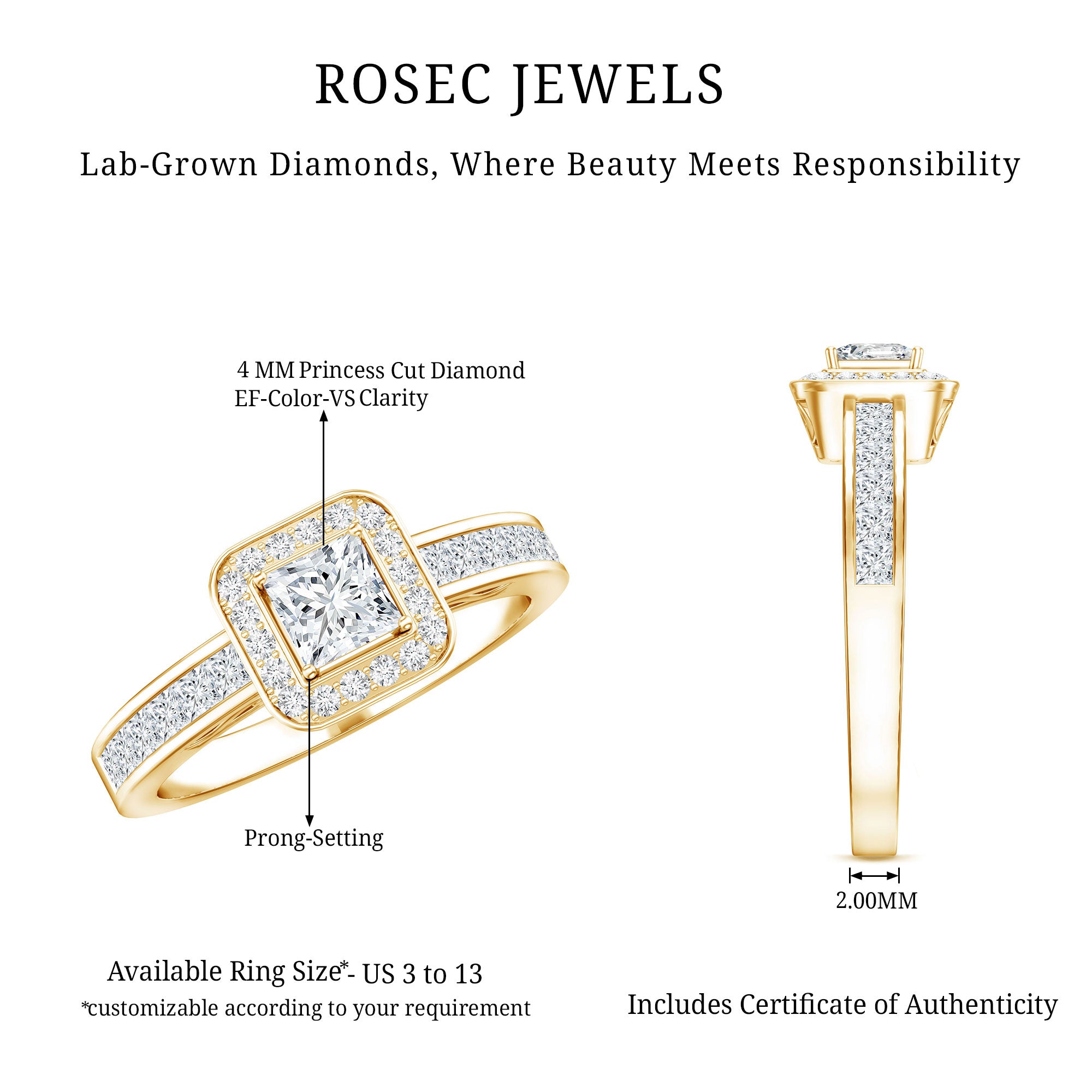 Lab Grown Diamond Princess Cut Engagement Ring with Halo Lab - ( EF-VS ) - Rosec Jewels
