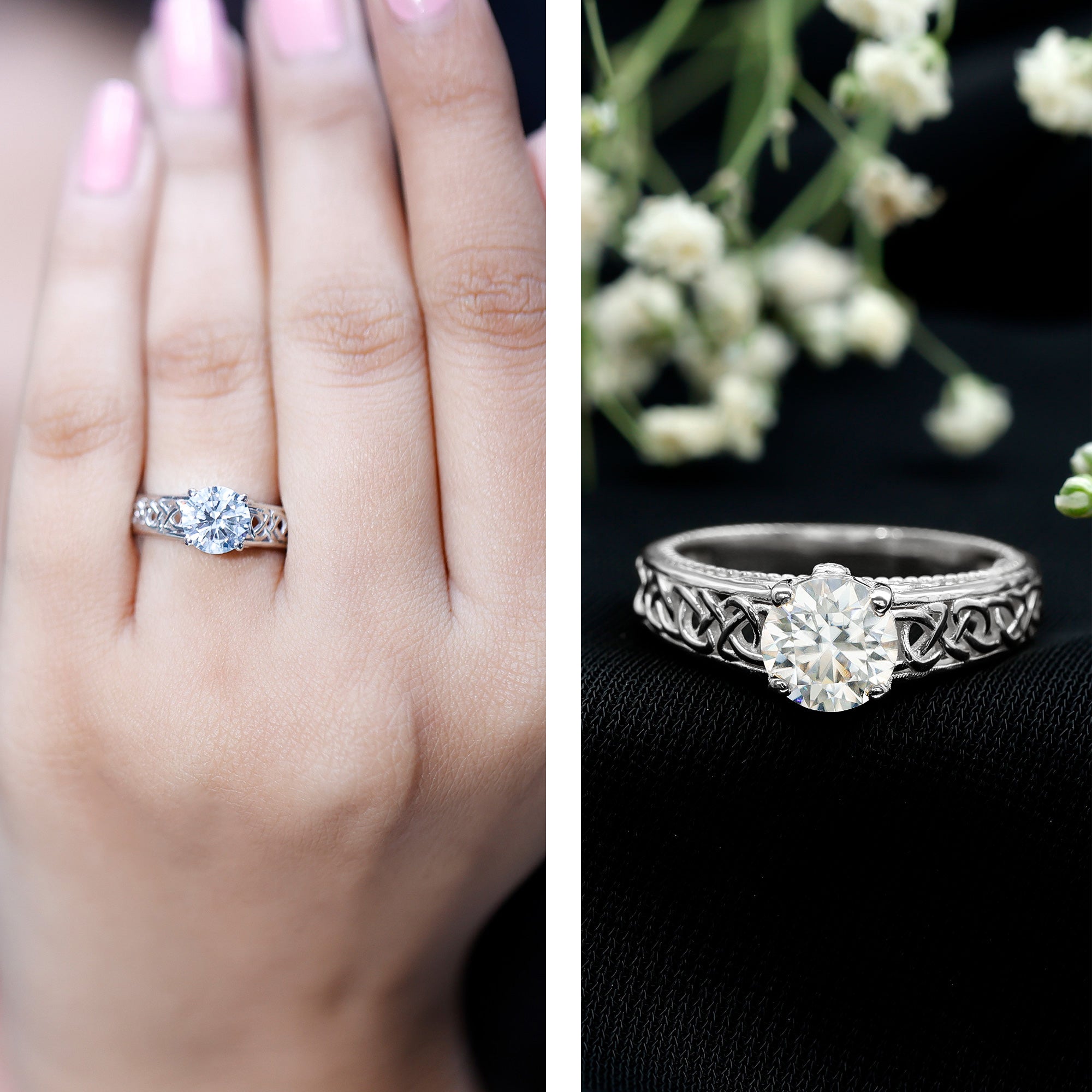 Moissanite Vintage Style Engagement Ring with Celtic Details D-VS1 - Rosec Jewels