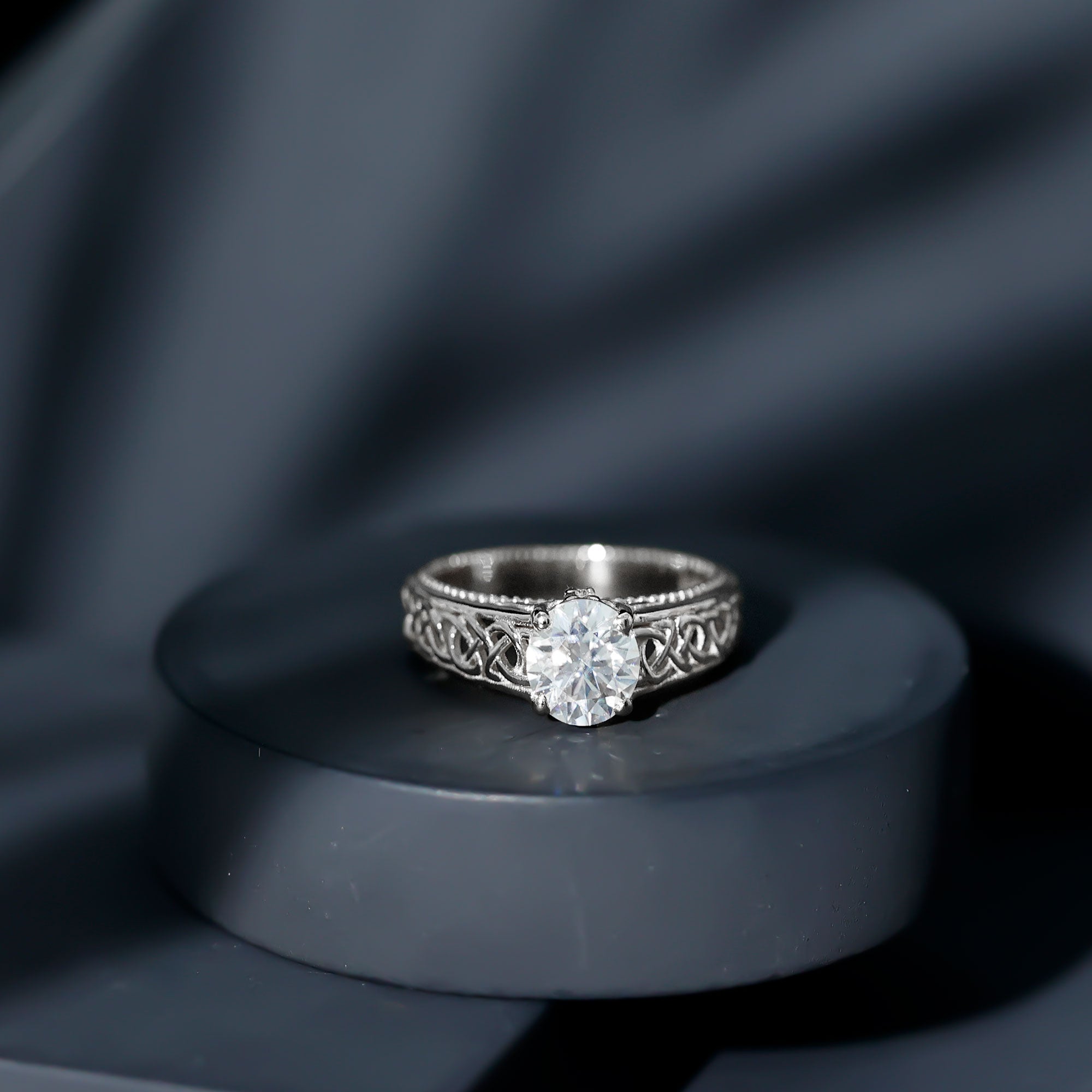 Moissanite Vintage Style Engagement Ring with Celtic Details D-VS1 - Rosec Jewels
