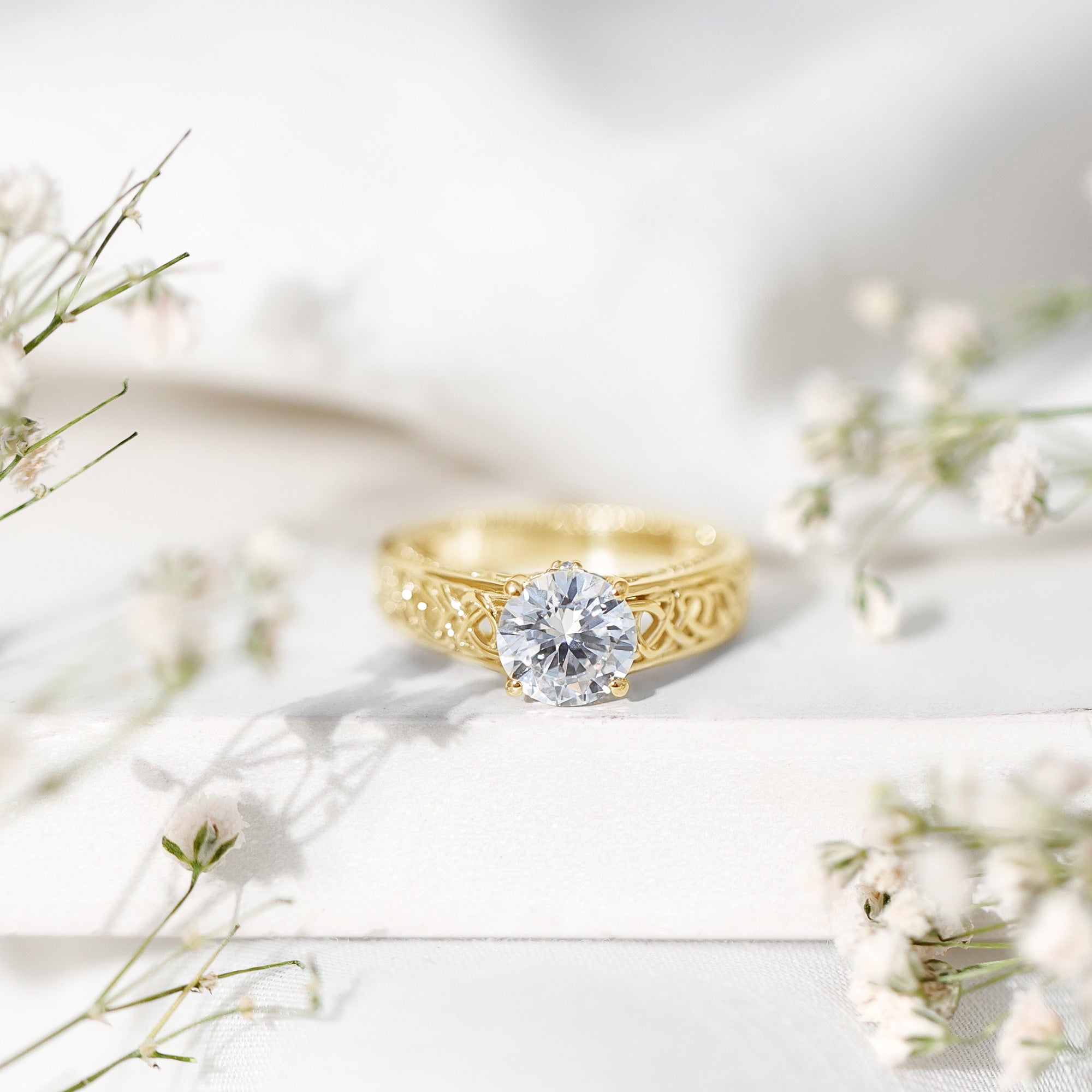 Moissanite Vintage Style Engagement Ring with Celtic Details D-VS1 - Rosec Jewels