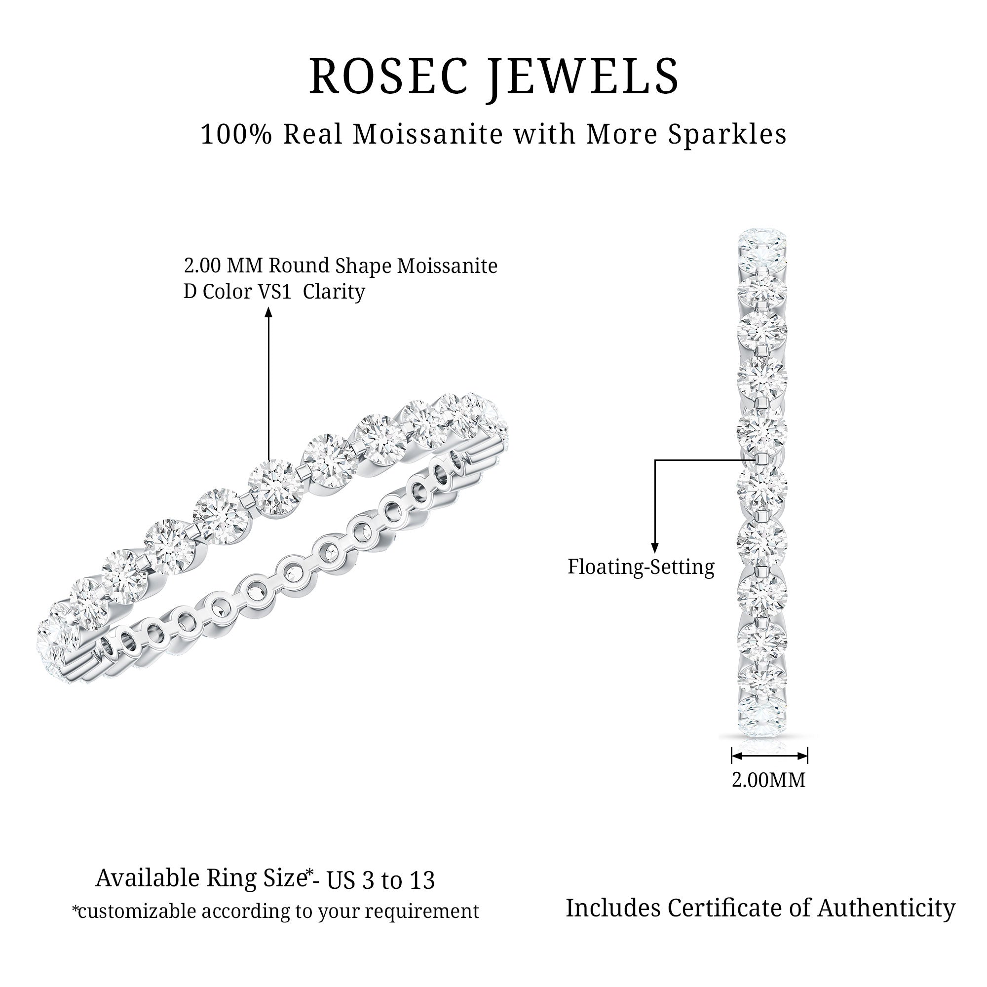 Round Cut Moissanite Full Eternity Band Ring D-VS1 - Rosec Jewels