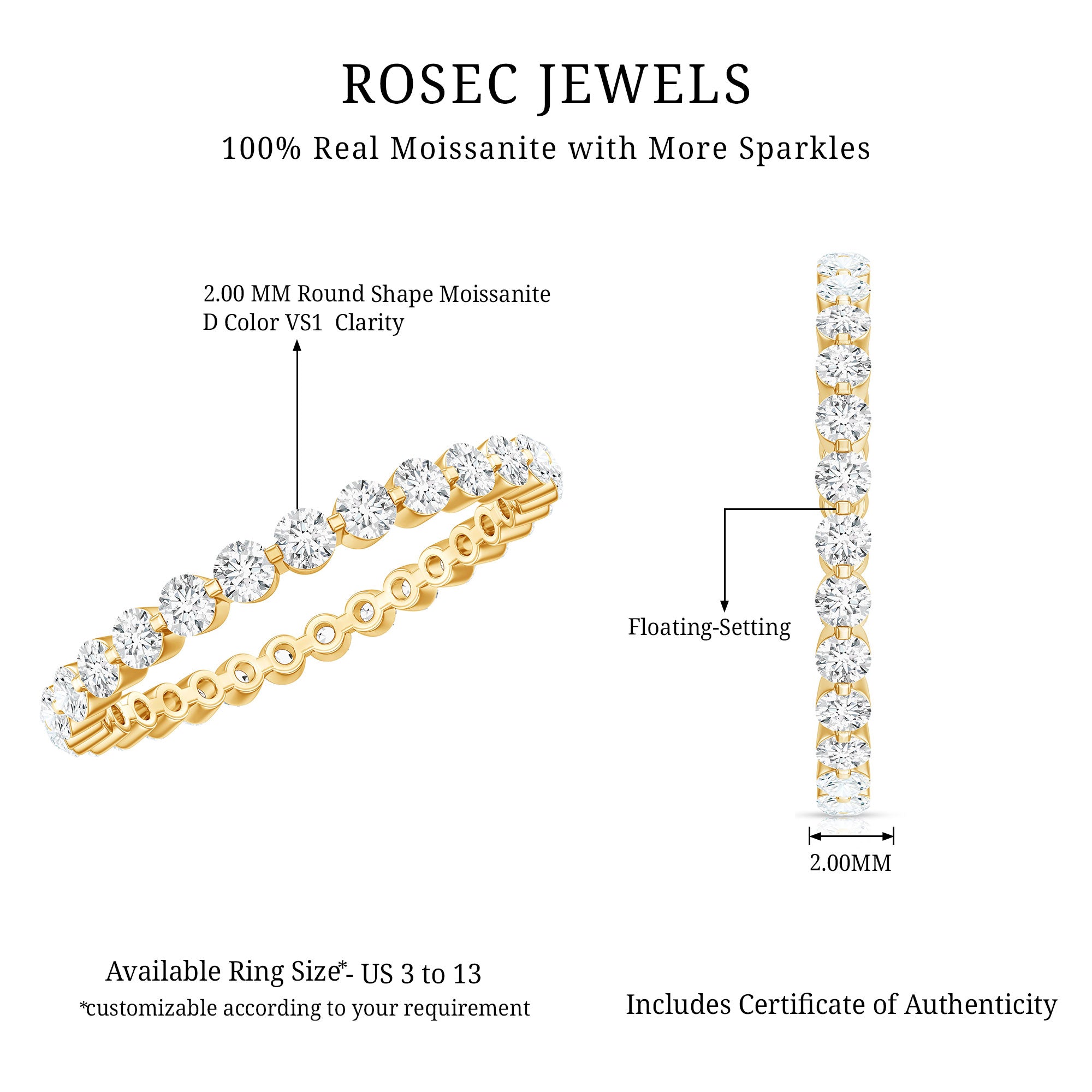 Round Cut Moissanite Full Eternity Band Ring D-VS1 - Rosec Jewels