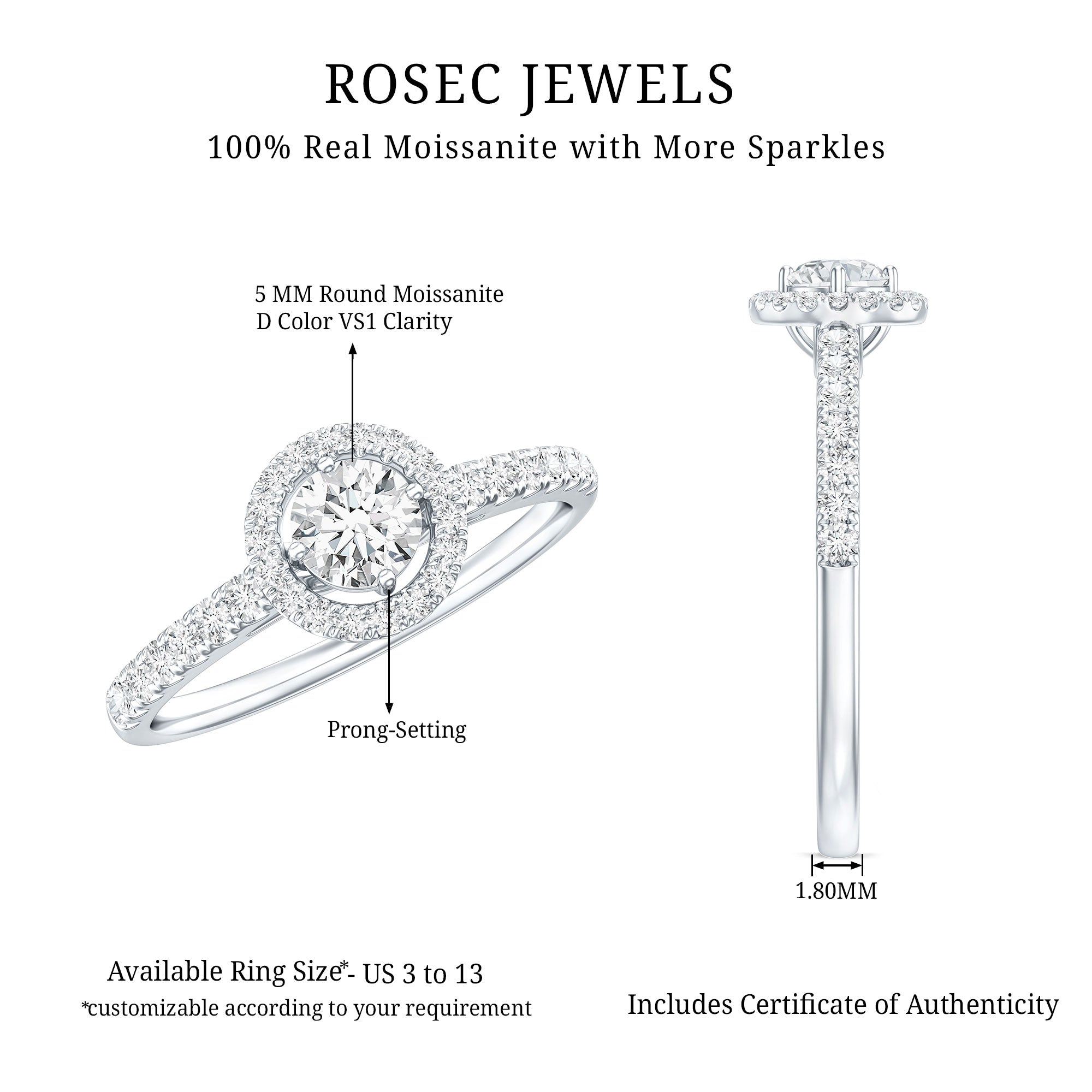 Brilliant Cut Moissanite Promise Ring With Certificate D-VS1 - Rosec Jewels