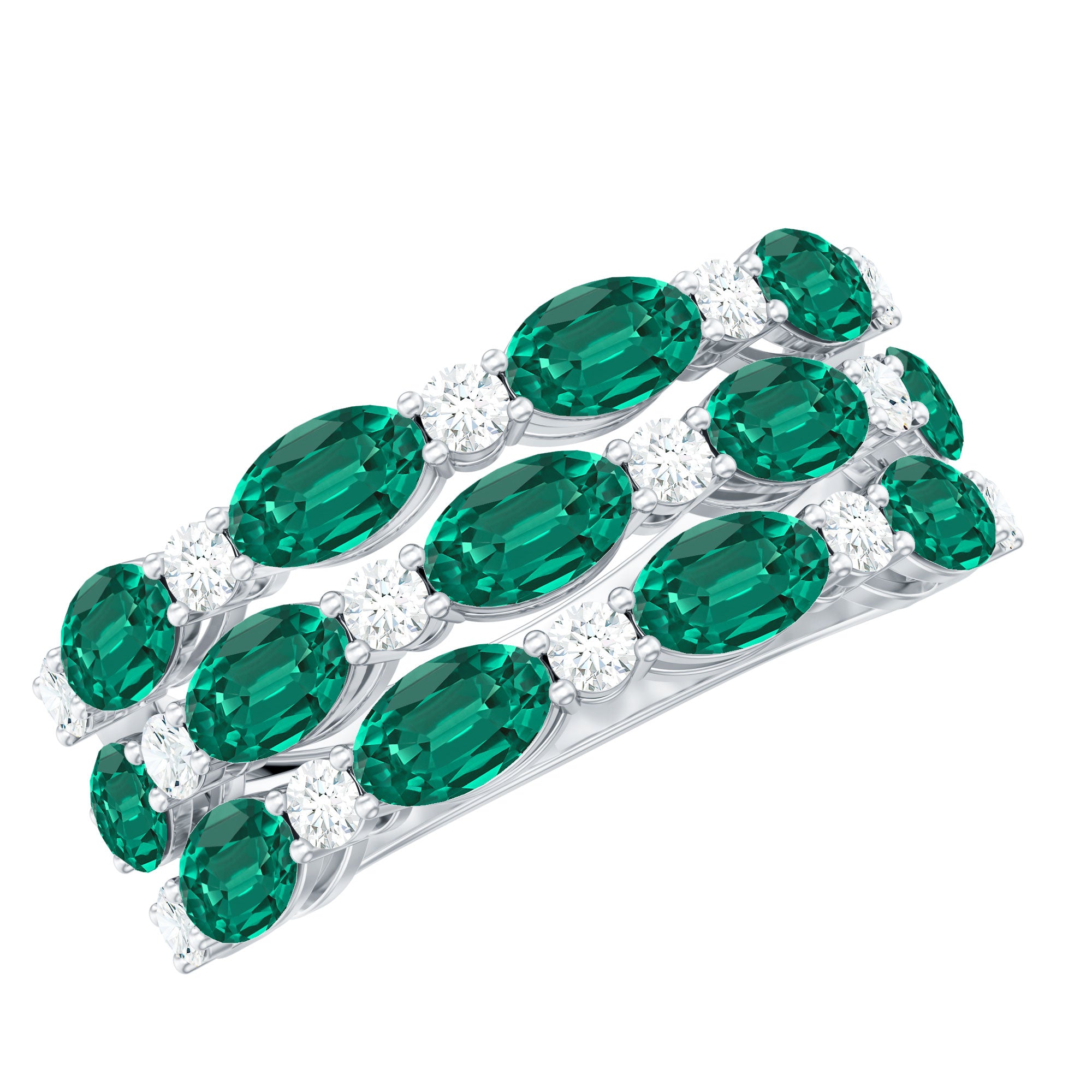 Oval Cut Lab Grown Emerald Statement Wedding Band with Diamond