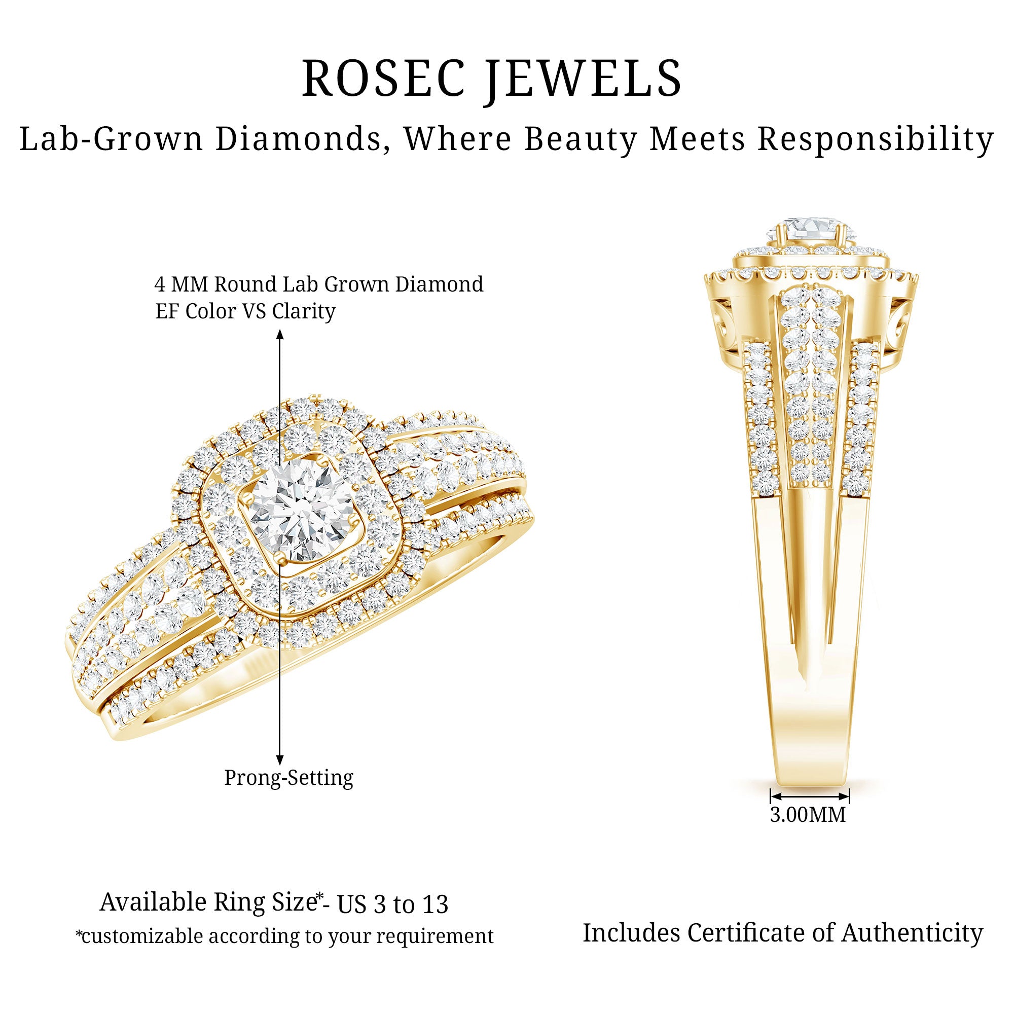 Lab Grown Diamond Retro Engagement Ring with Double Halo Lab - ( EF-VS ) - Rosec Jewels