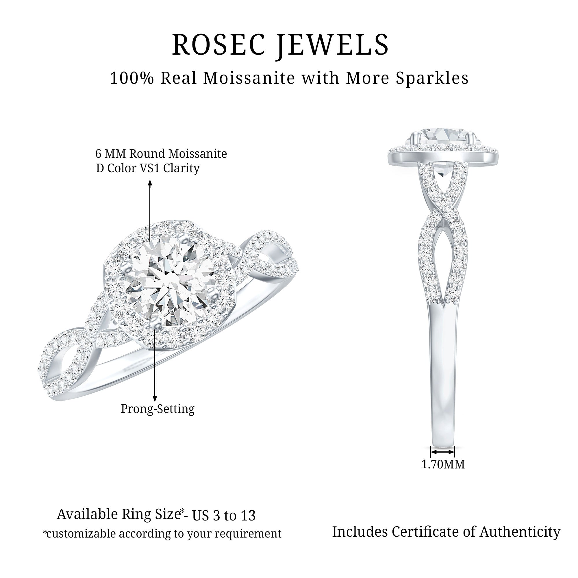 Certified Moissanite Halo Engagement Ring with Criss Cross Shank D-VS1 - Rosec Jewels