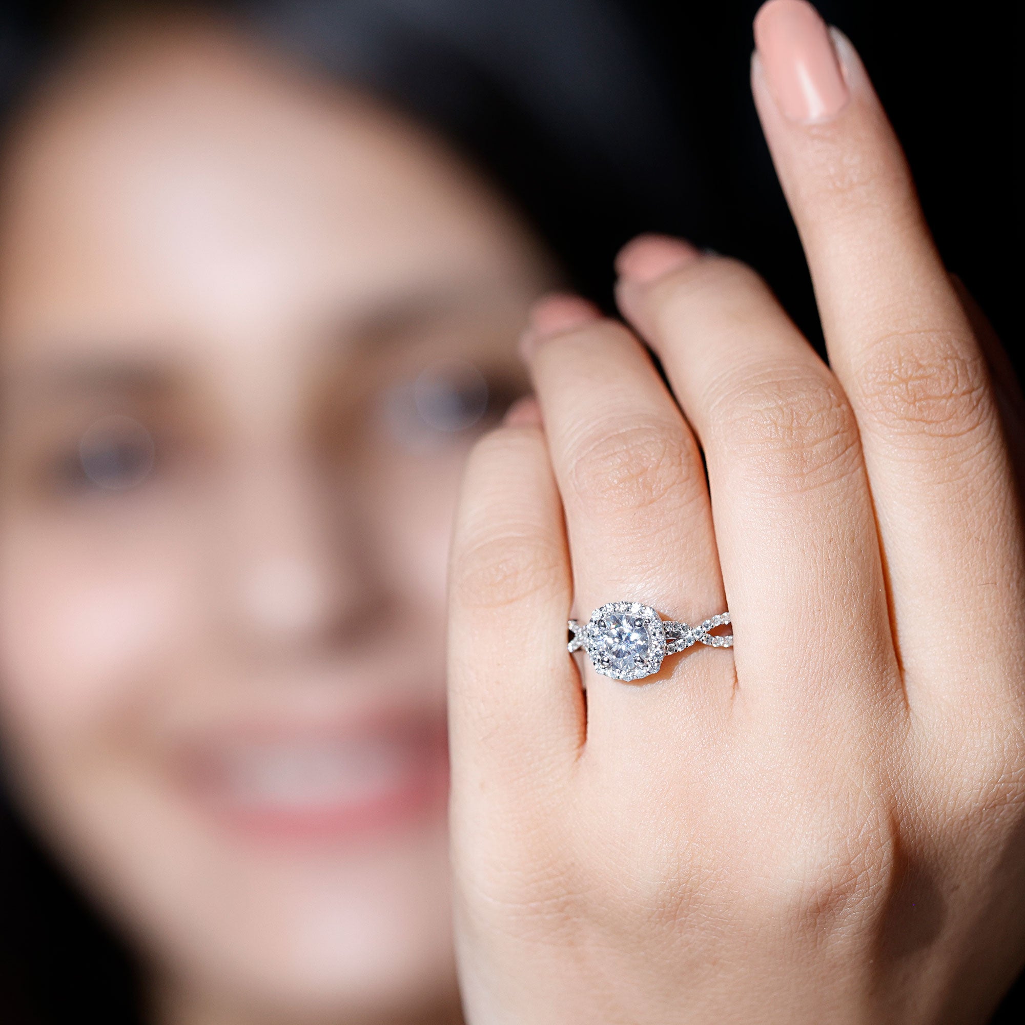 Certified Moissanite Halo Engagement Ring with Criss Cross Shank D-VS1 - Rosec Jewels