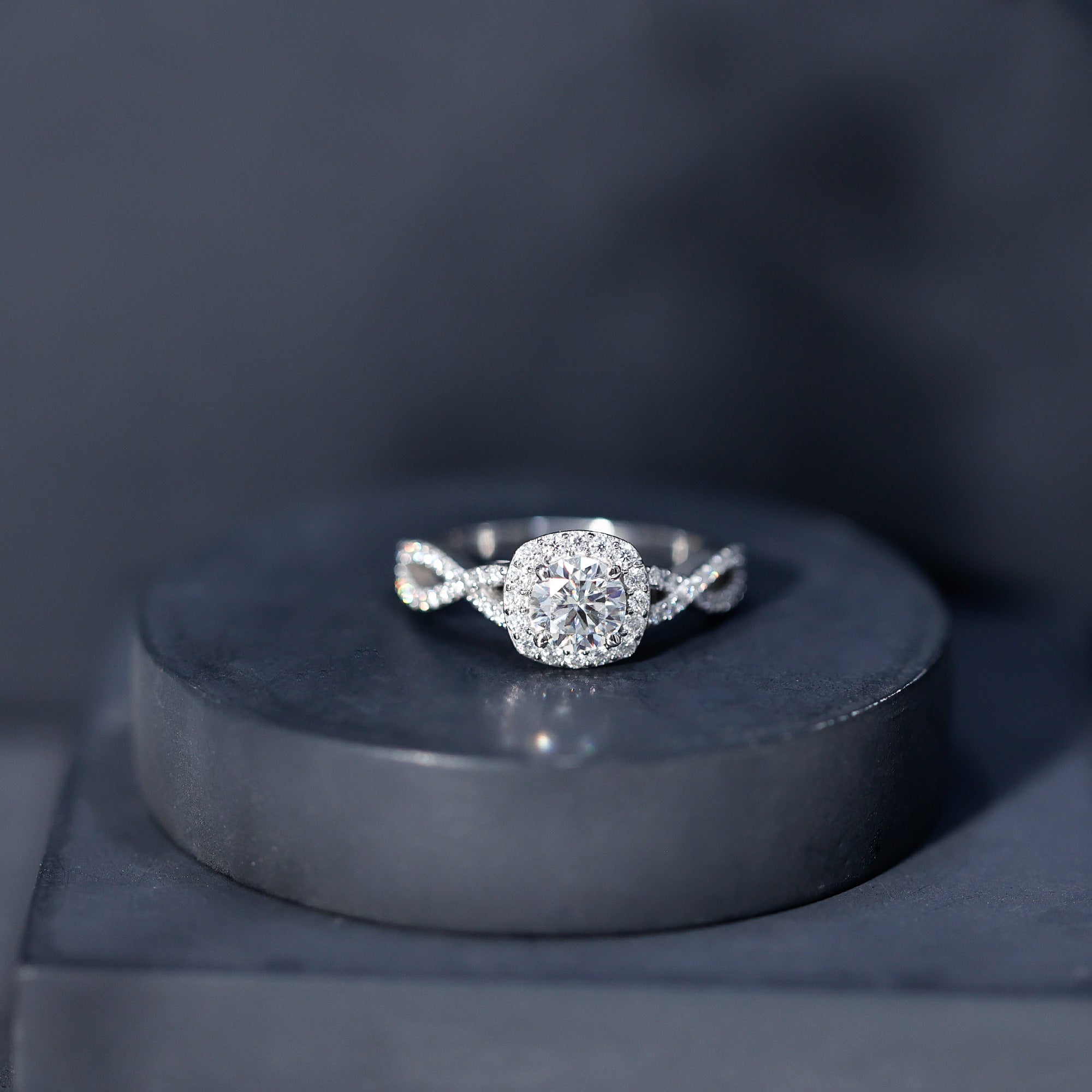 Certified Moissanite Halo Engagement Ring with Criss Cross Shank D-VS1 - Rosec Jewels