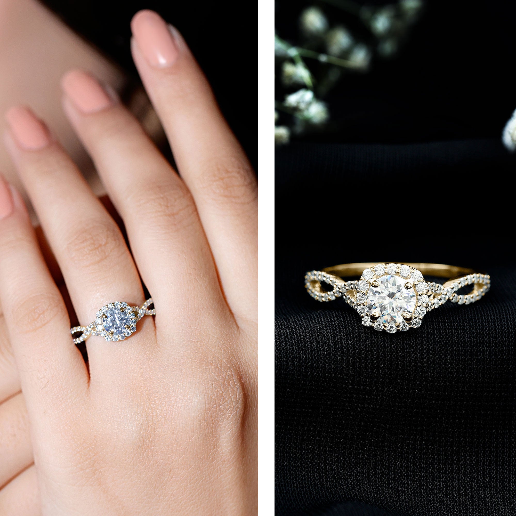 Certified Moissanite Halo Engagement Ring with Criss Cross Shank D-VS1 - Rosec Jewels