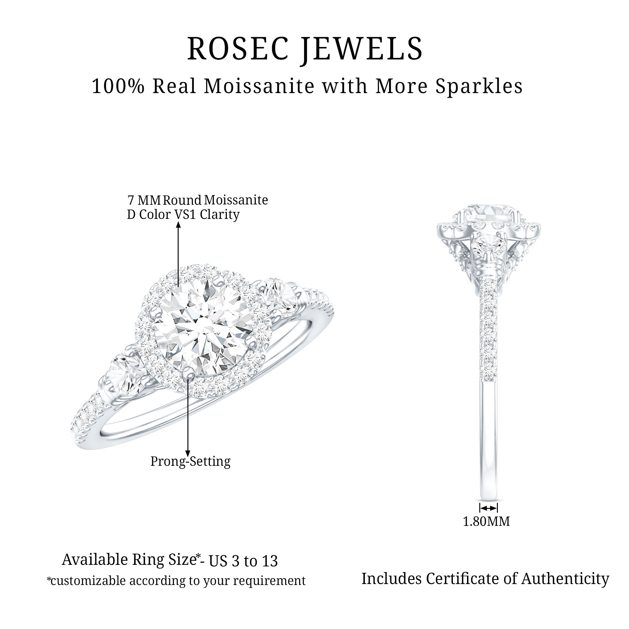 Moissanite Halo Engagement Ring for Her with Certificate D-VS1 - Rosec Jewels