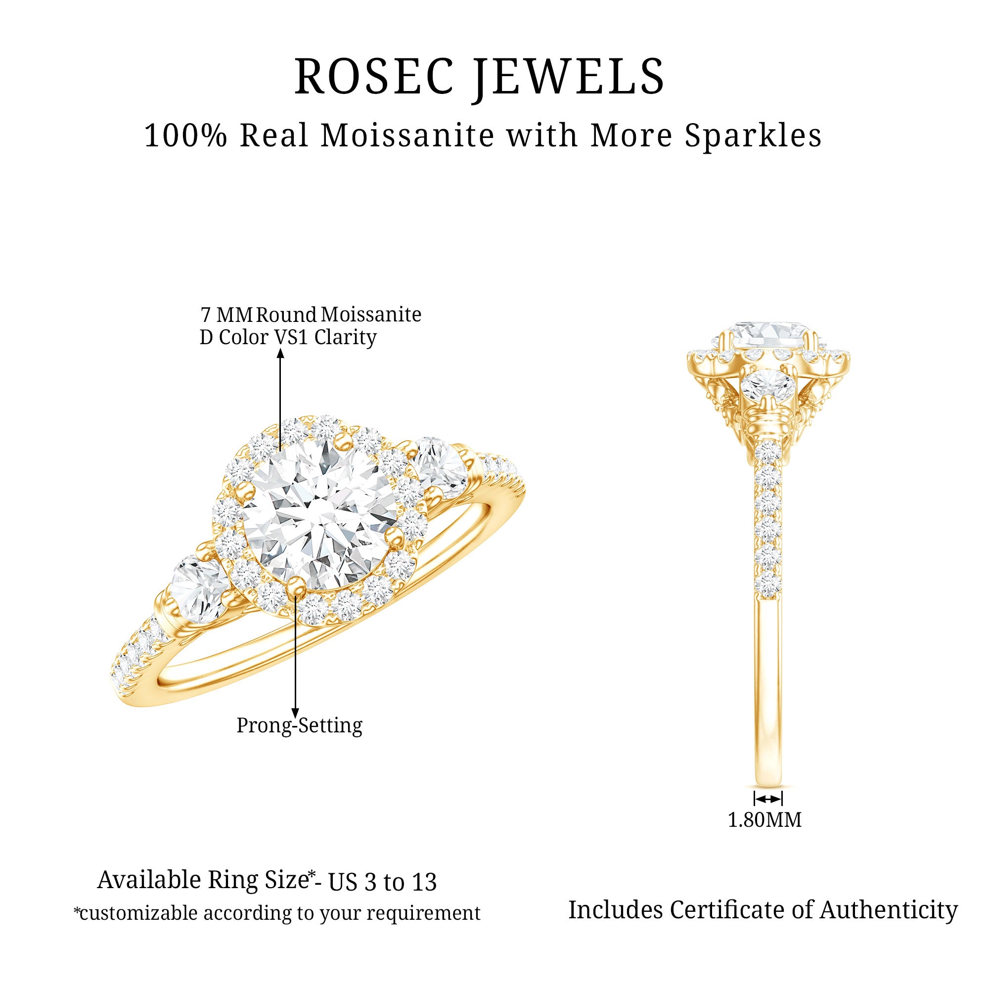 Moissanite Halo Engagement Ring for Her with Certificate D-VS1 - Rosec Jewels