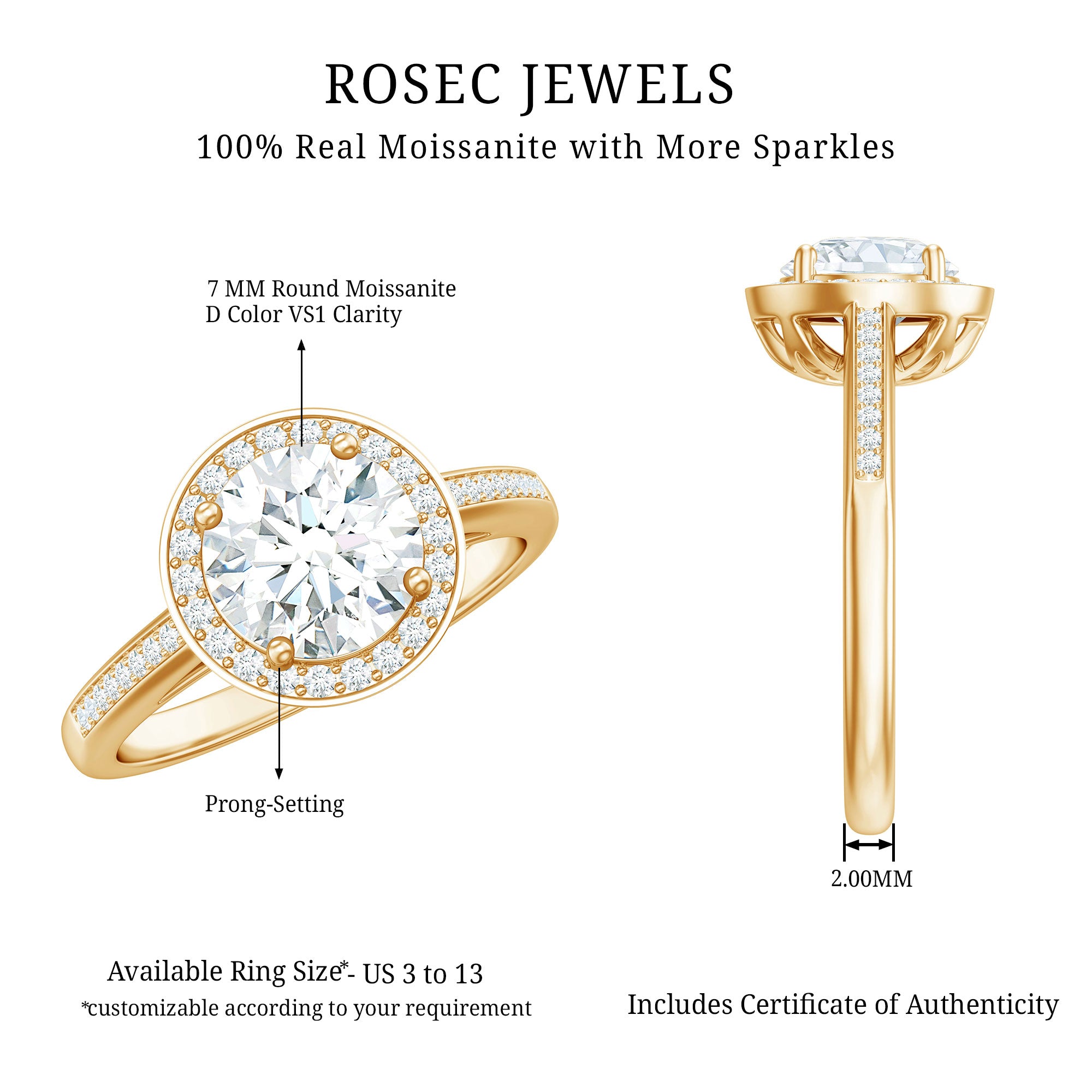 Round Moissanite Halo Engagement Ring with Certificate D-VS1 - Rosec Jewels