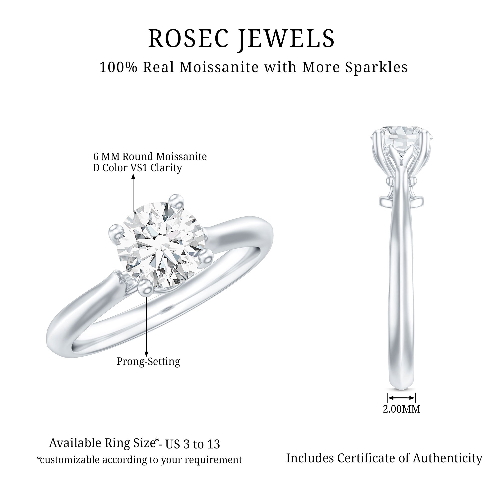 Solitaire Round Cut Moissanite Engagement Ring for Her D-VS1 - Rosec Jewels