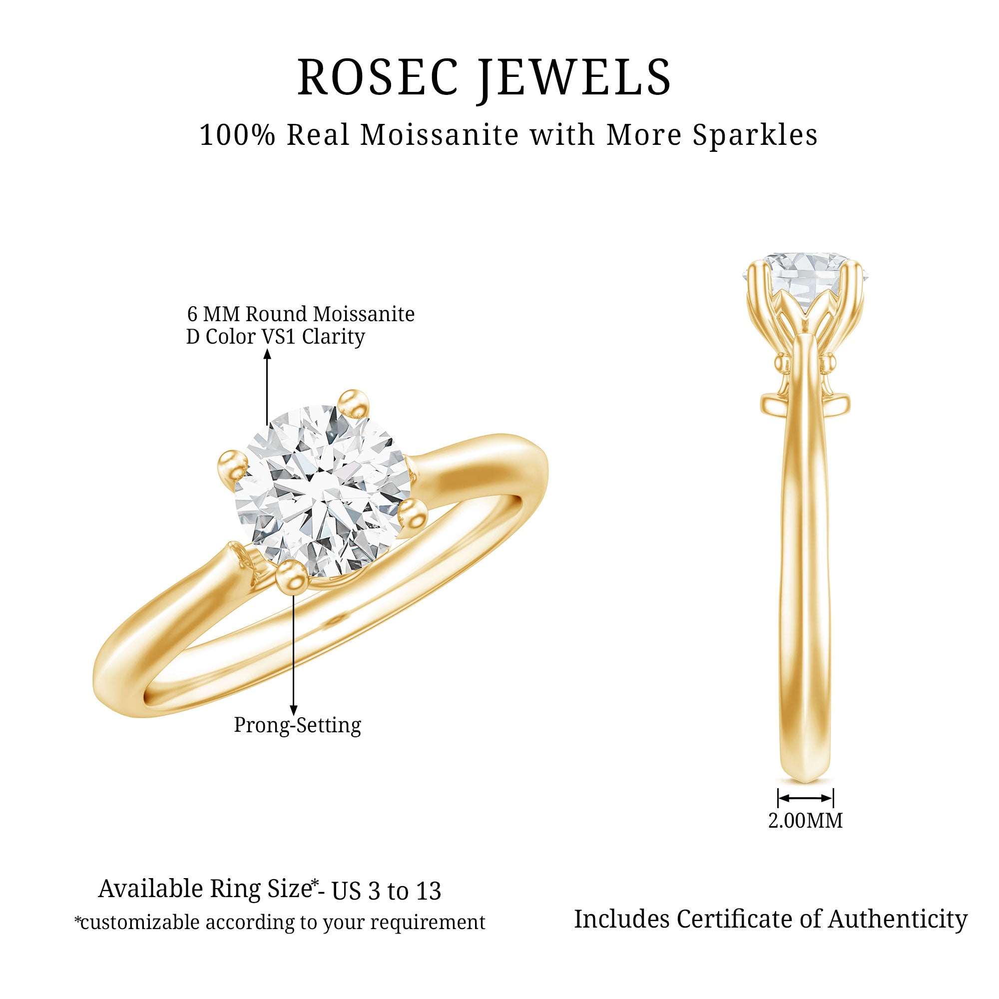 Solitaire Round Cut Moissanite Engagement Ring for Her D-VS1 - Rosec Jewels