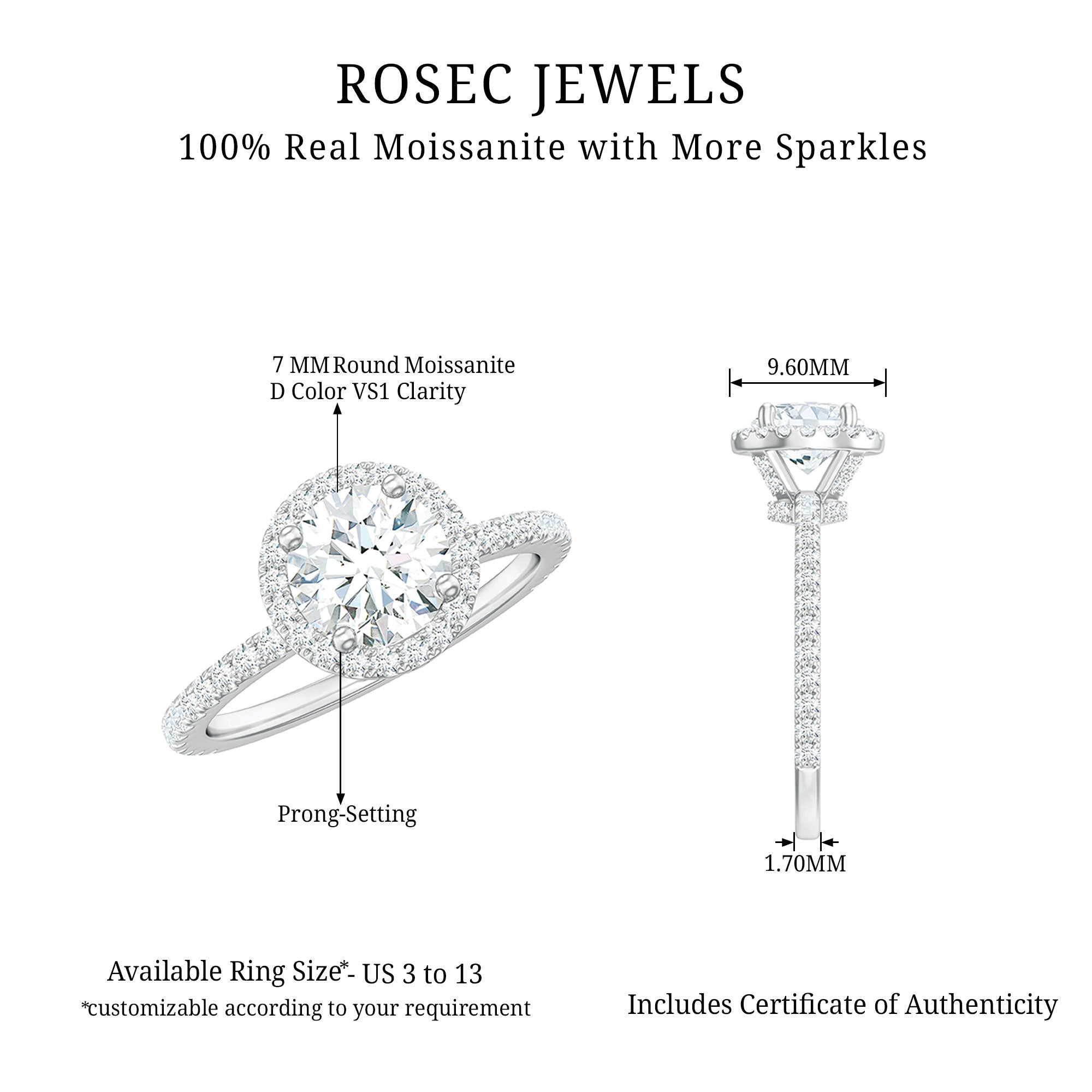 Certified Moissanite Halo Engagement Ring for Her D-VS1 - Rosec Jewels