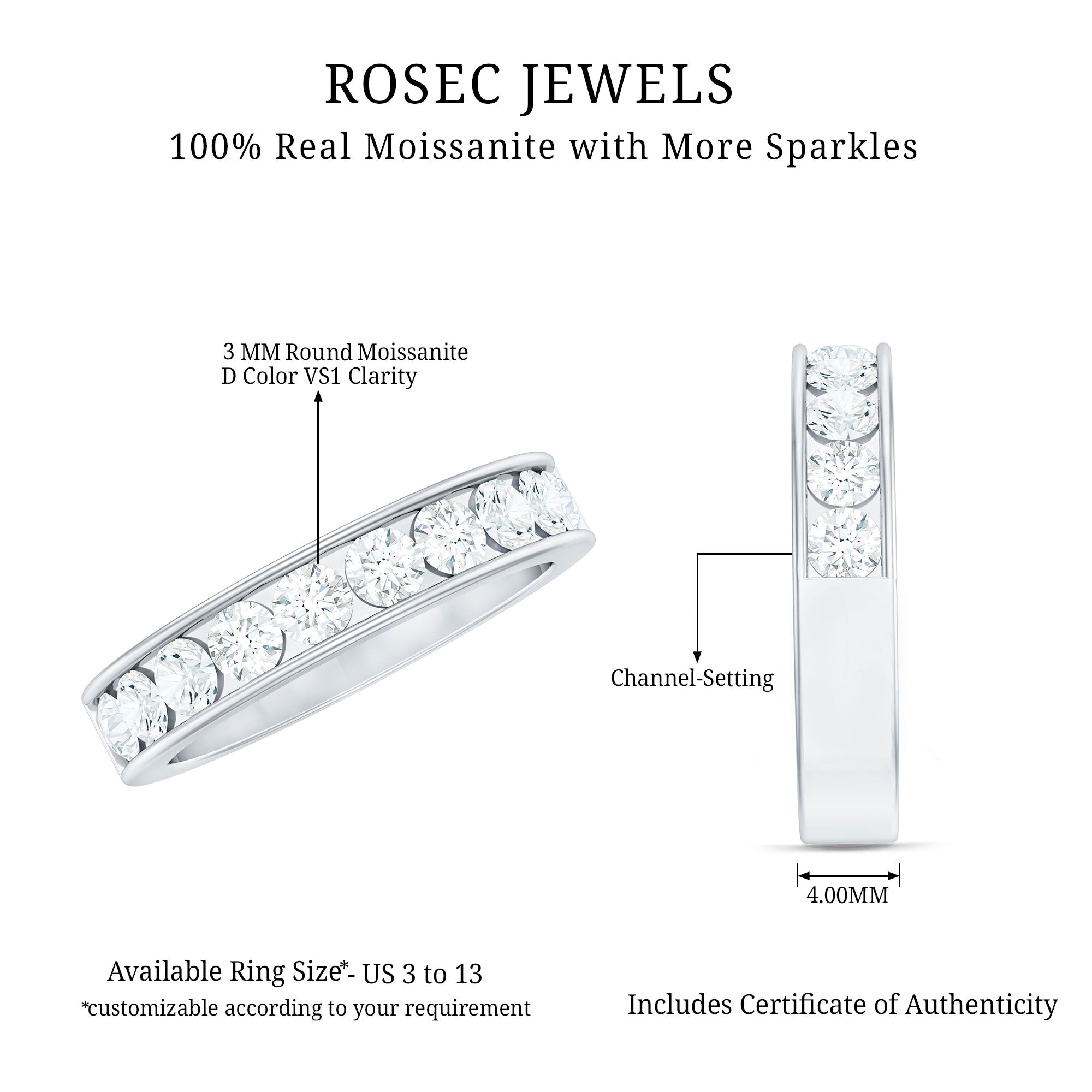 Channel Set Moissanite Half Eternity Band D-VS1 - Rosec Jewels
