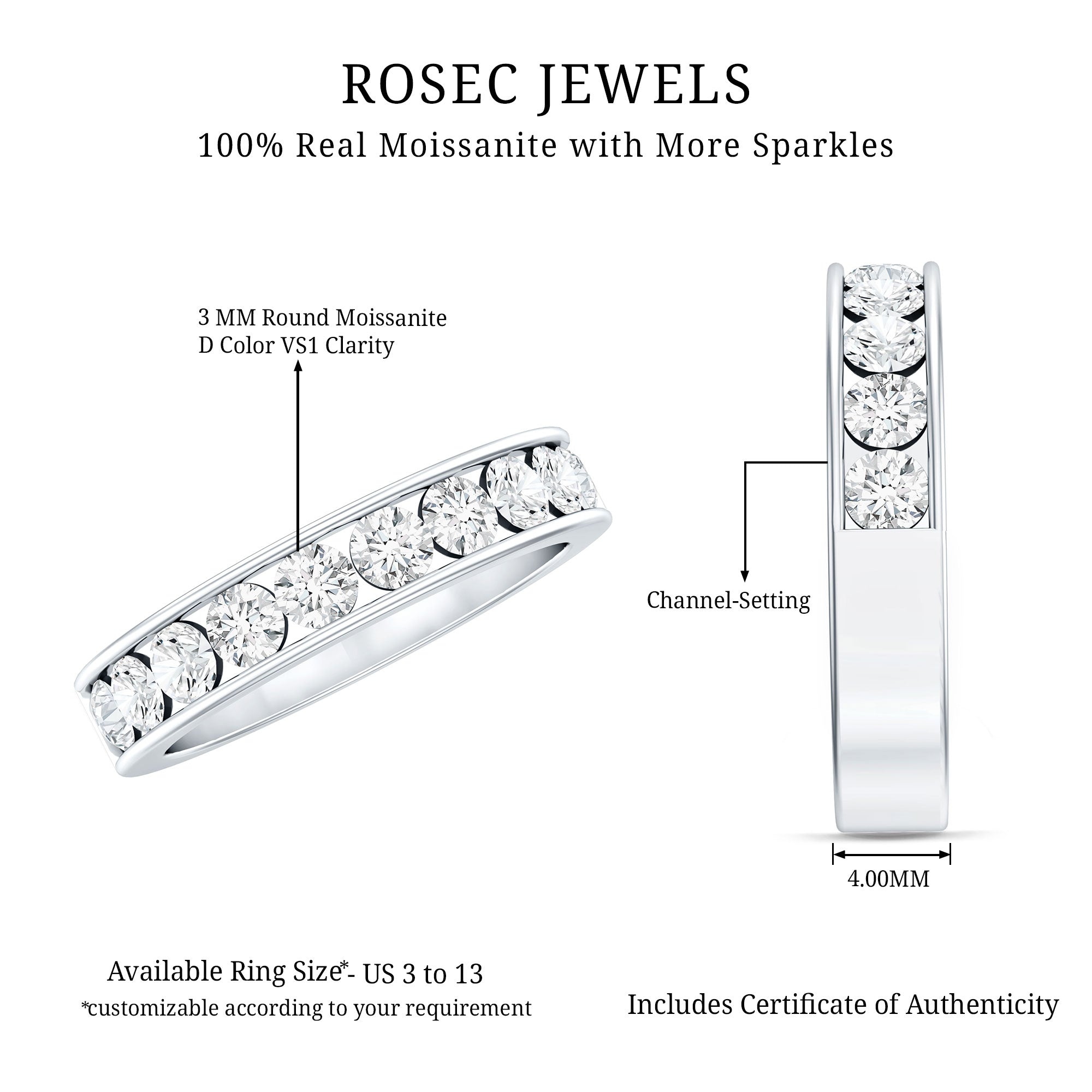 Channel Set Moissanite Half Eternity Band D-VS1 - Rosec Jewels