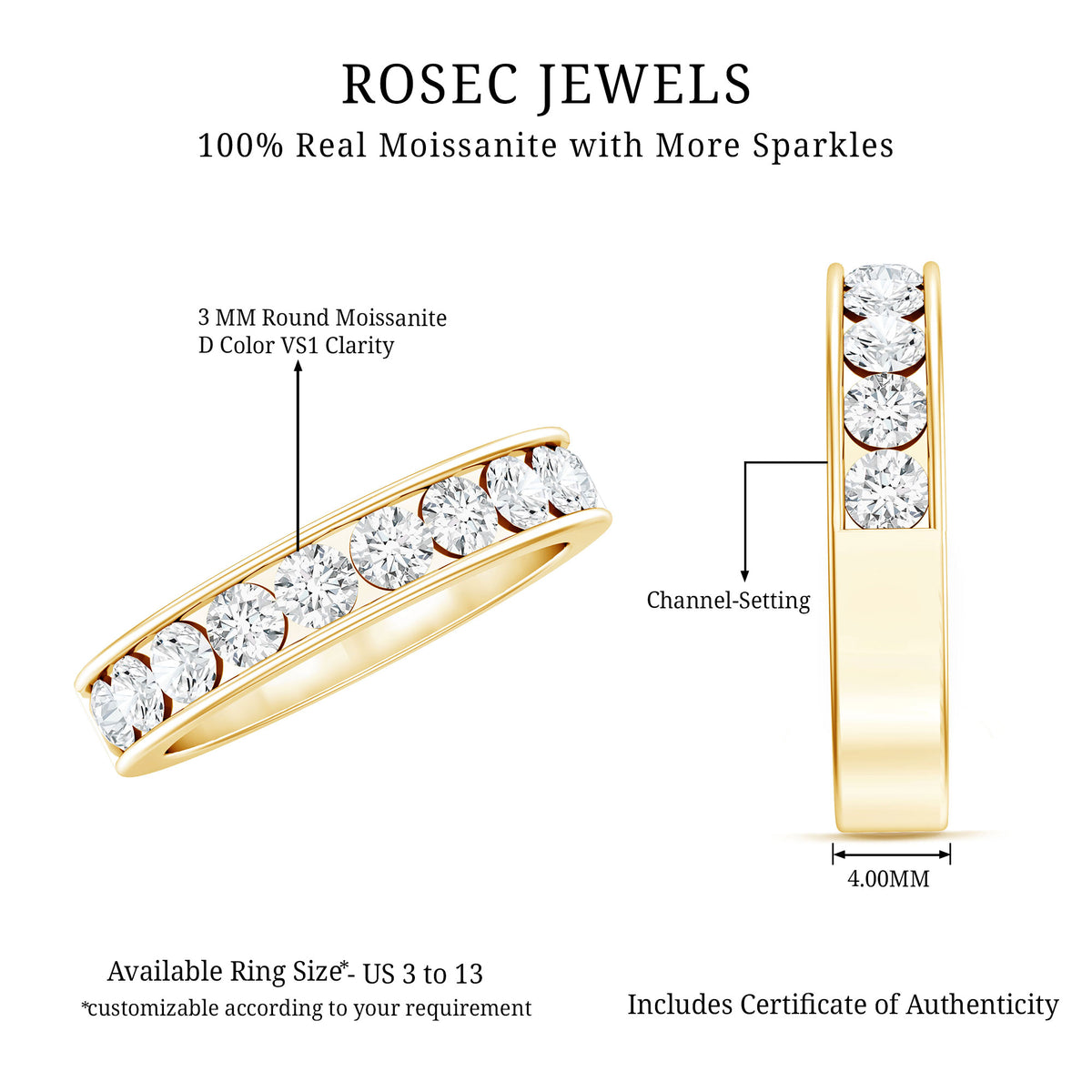 Channel Set Moissanite Half Eternity Band D-VS1 - Rosec Jewels