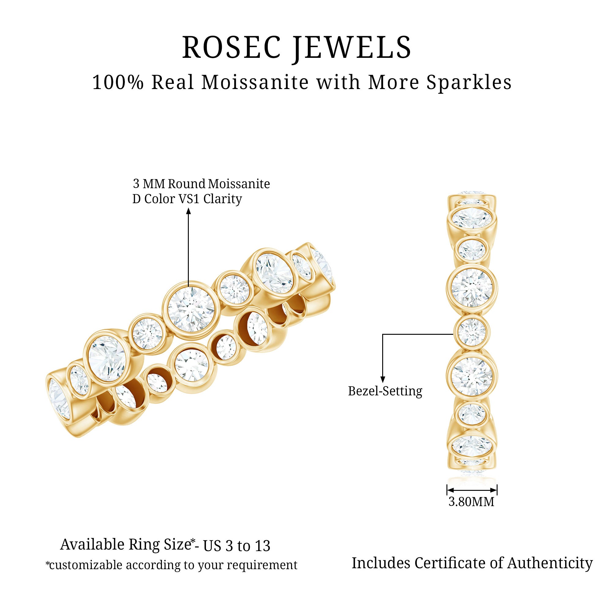 Certified Round Cut Moissanite Eternity Stackable Ring For Her D-VS1 - Rosec Jewels