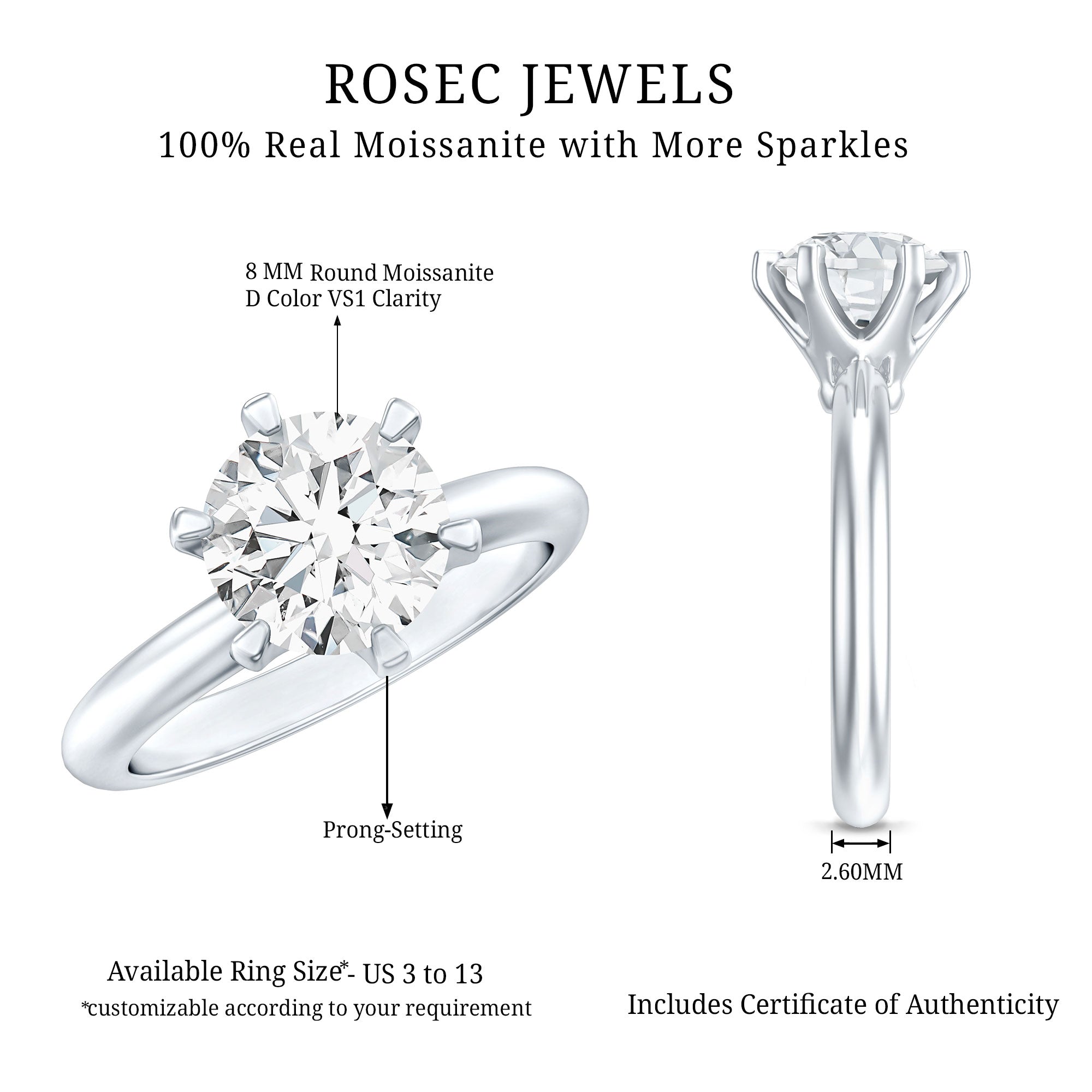 2 CT Moissanite Solitaire Engagement Ring in 6 Prongs D-VS1 - Rosec Jewels