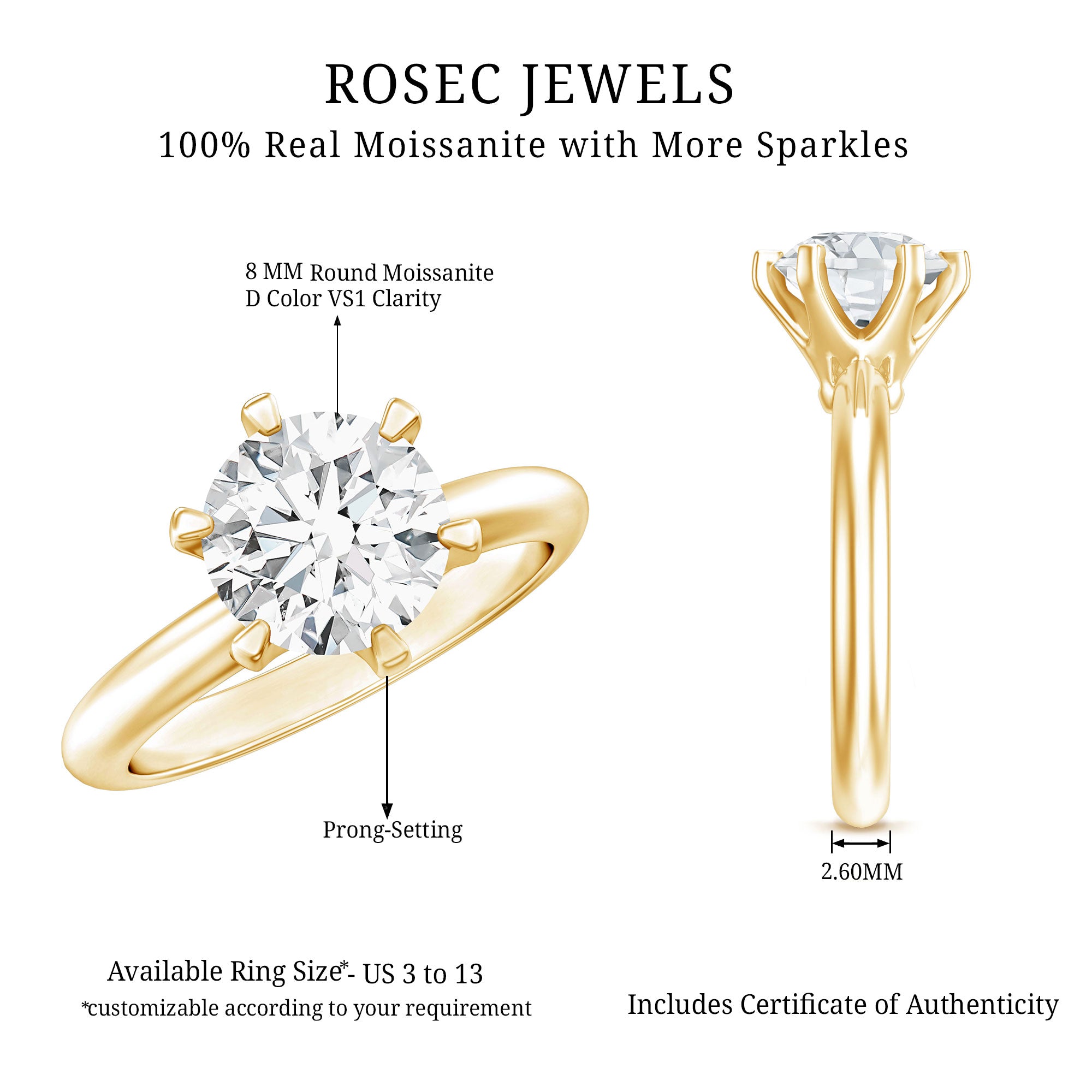 2 CT Moissanite Solitaire Engagement Ring in 6 Prongs D-VS1 - Rosec Jewels