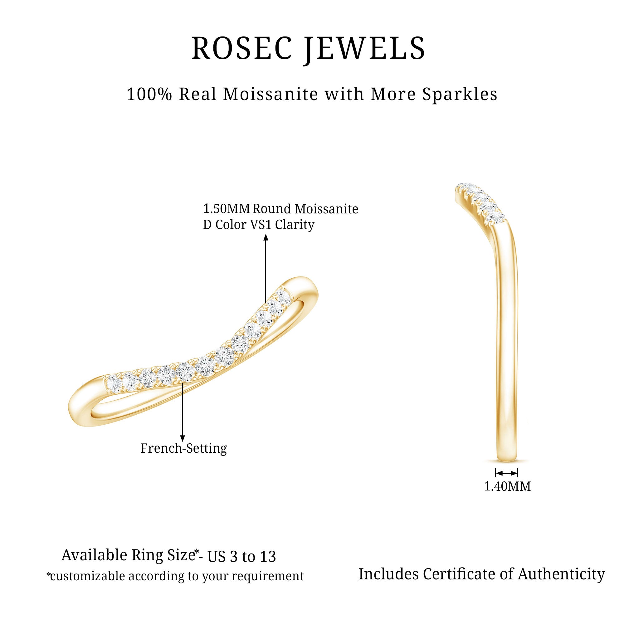 Curved Stackable Ring with Certified Moissanite D-VS1 - Rosec Jewels