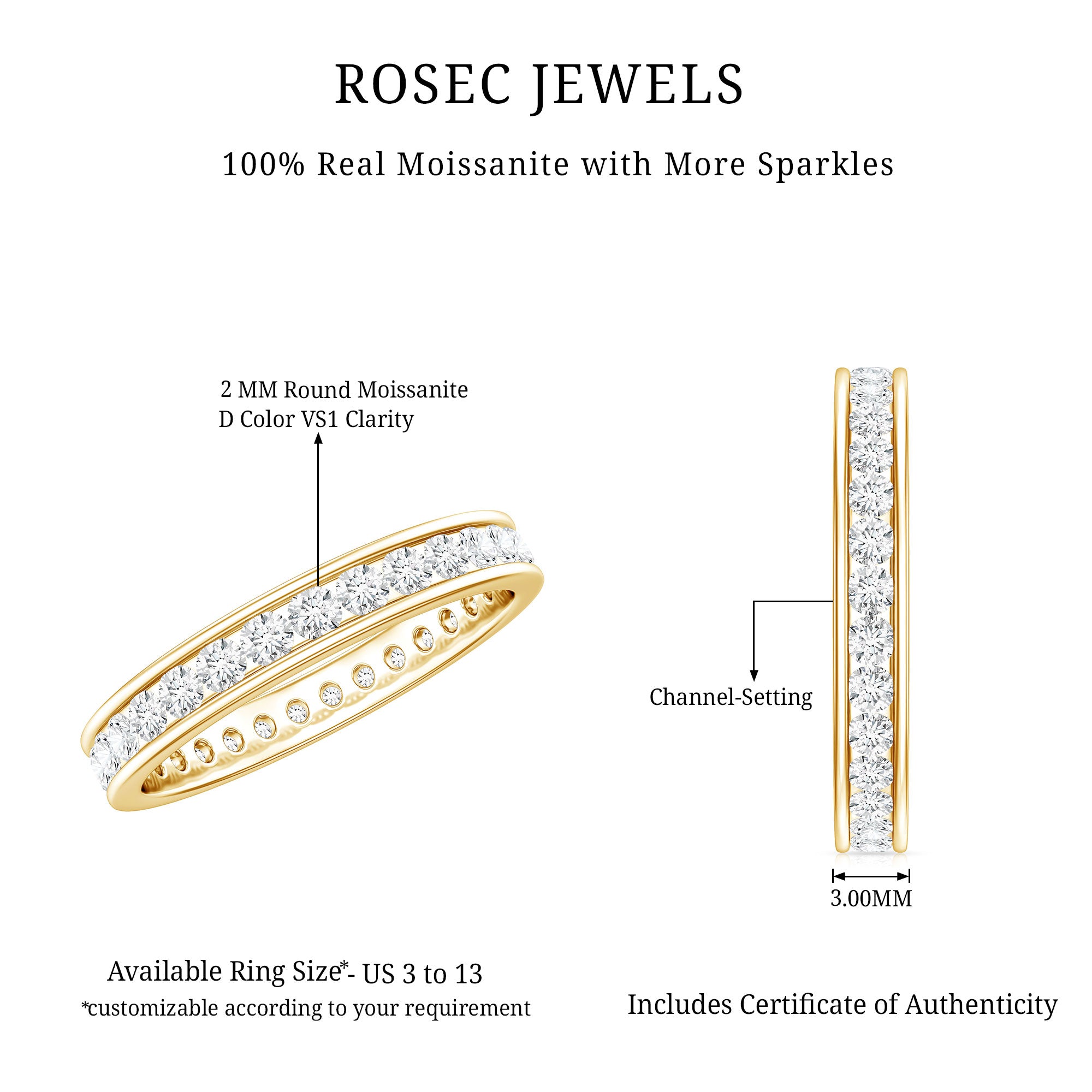 Channel Set Round Moissanite Full Eternity Band Ring D-VS1 - Rosec Jewels