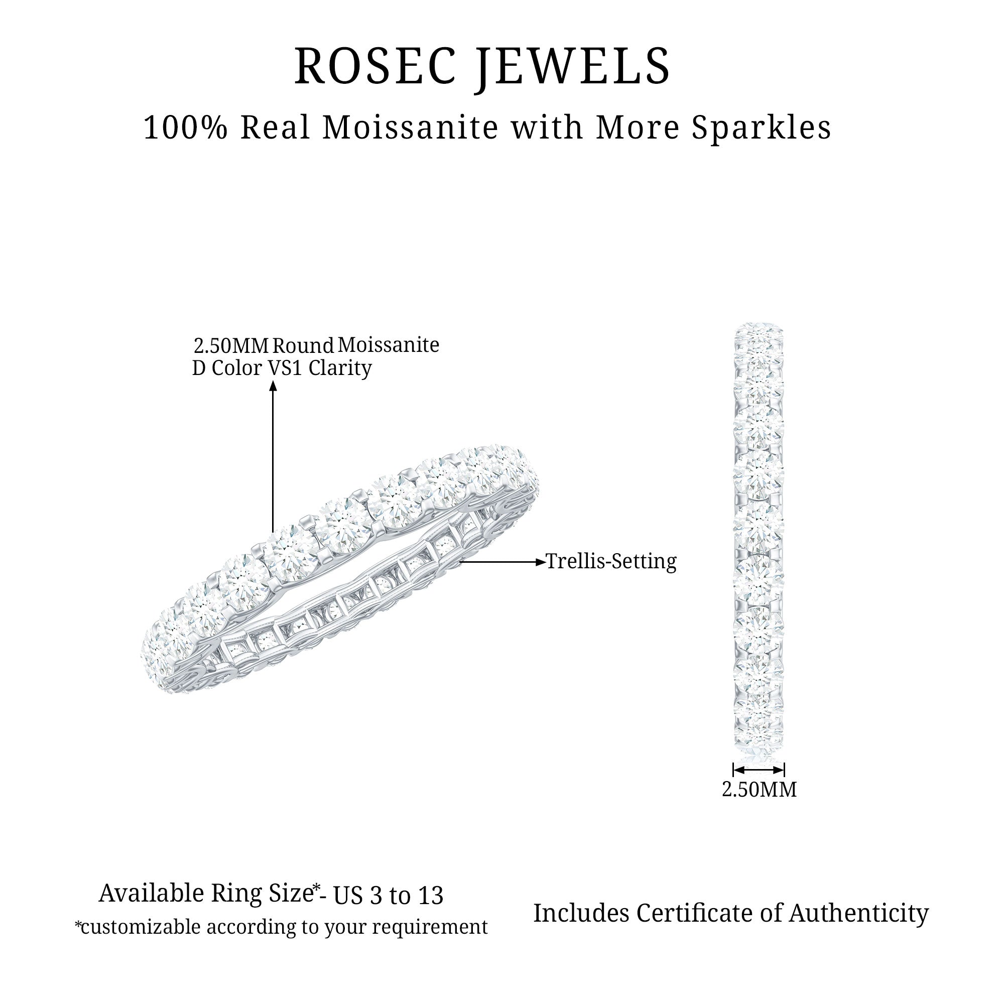Brilliant Cut Moissanite Eternity Wedding Ring for Women D-VS1 - Rosec Jewels