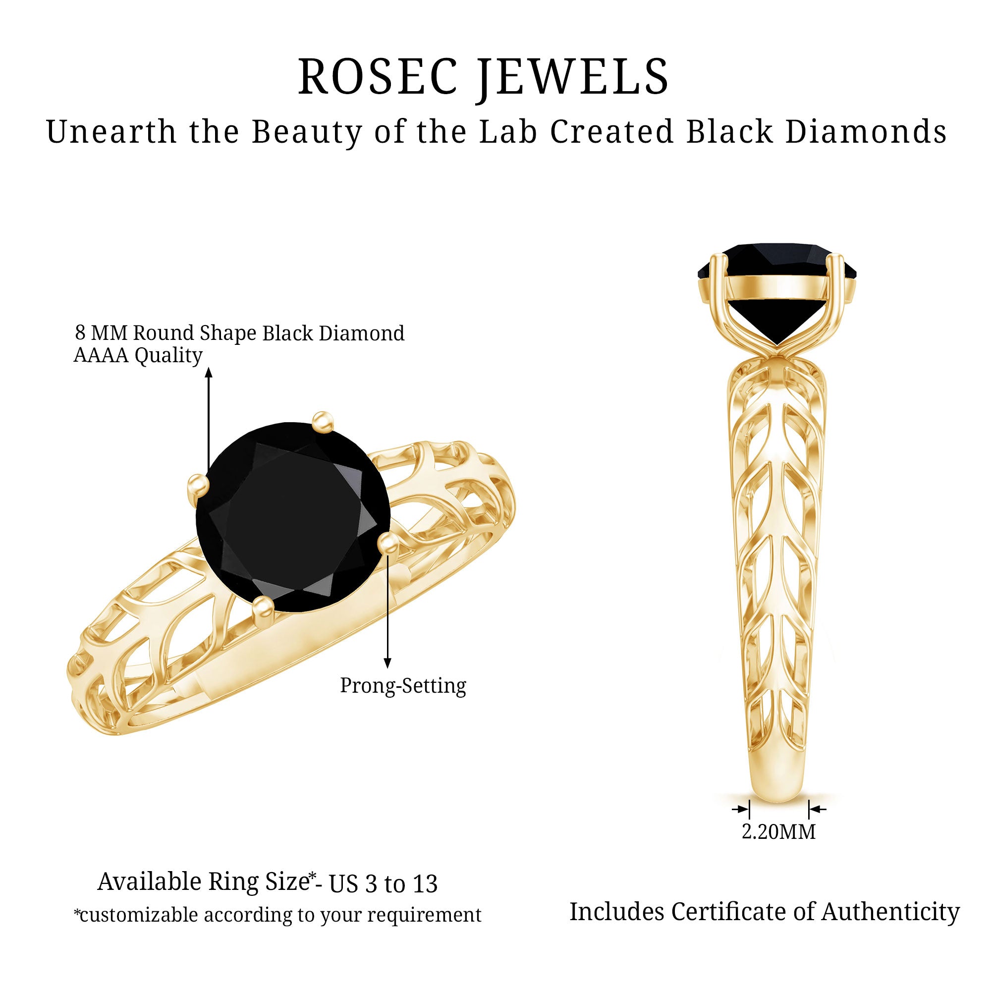 2 Carat Round Lab Grown Black Diamond Solitaire Engagement Ring AAAA ( Synthetic ) - Rosec Jewels
