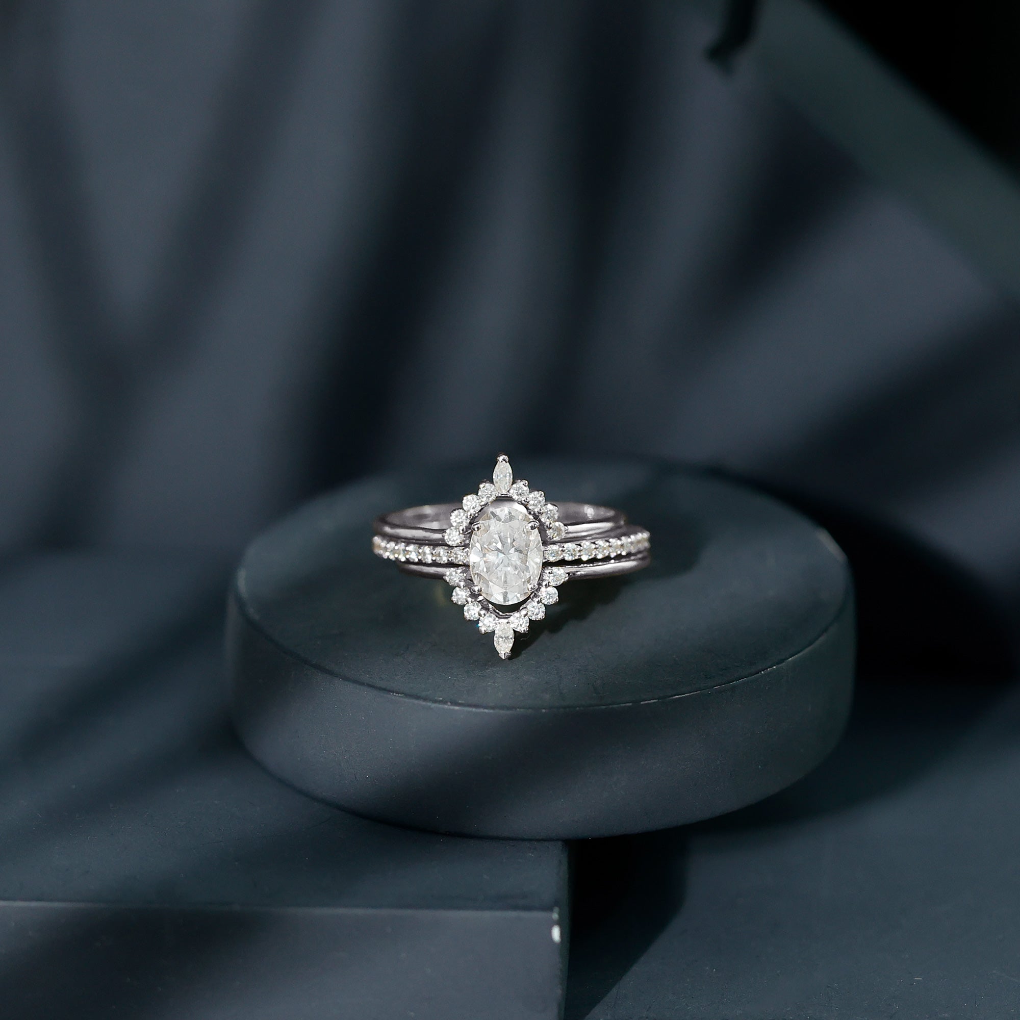 Certified Moissanite Oval Engagement Ring Set With Wedding Bands D-VS1 - Rosec Jewels