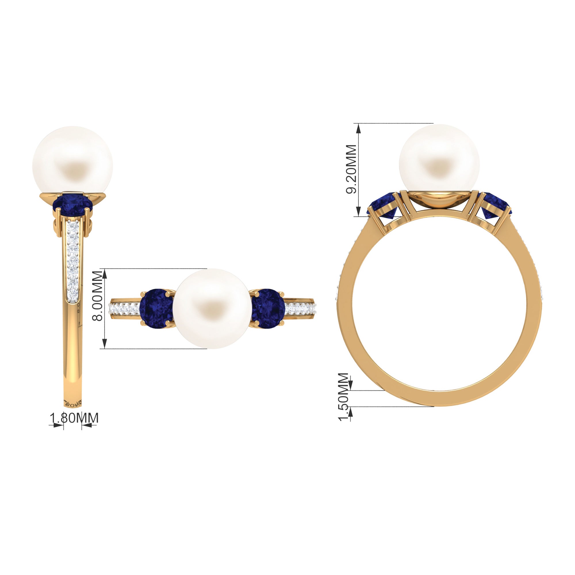 Rosec Jewels-White Pearl and Sapphire 3 Stone Engagement Ring with Diamond
