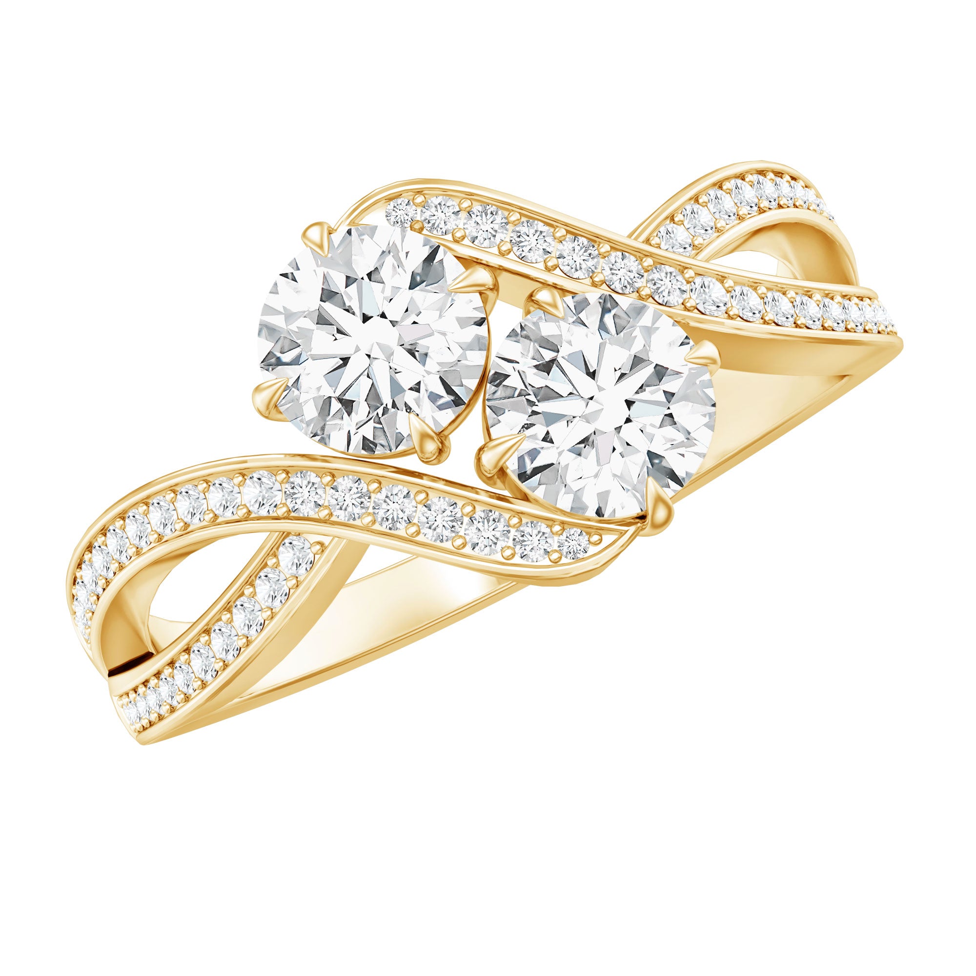 Certified Moissanite Two Stone Engagement Ring in Bypass Band D-VS1 - Rosec Jewels
