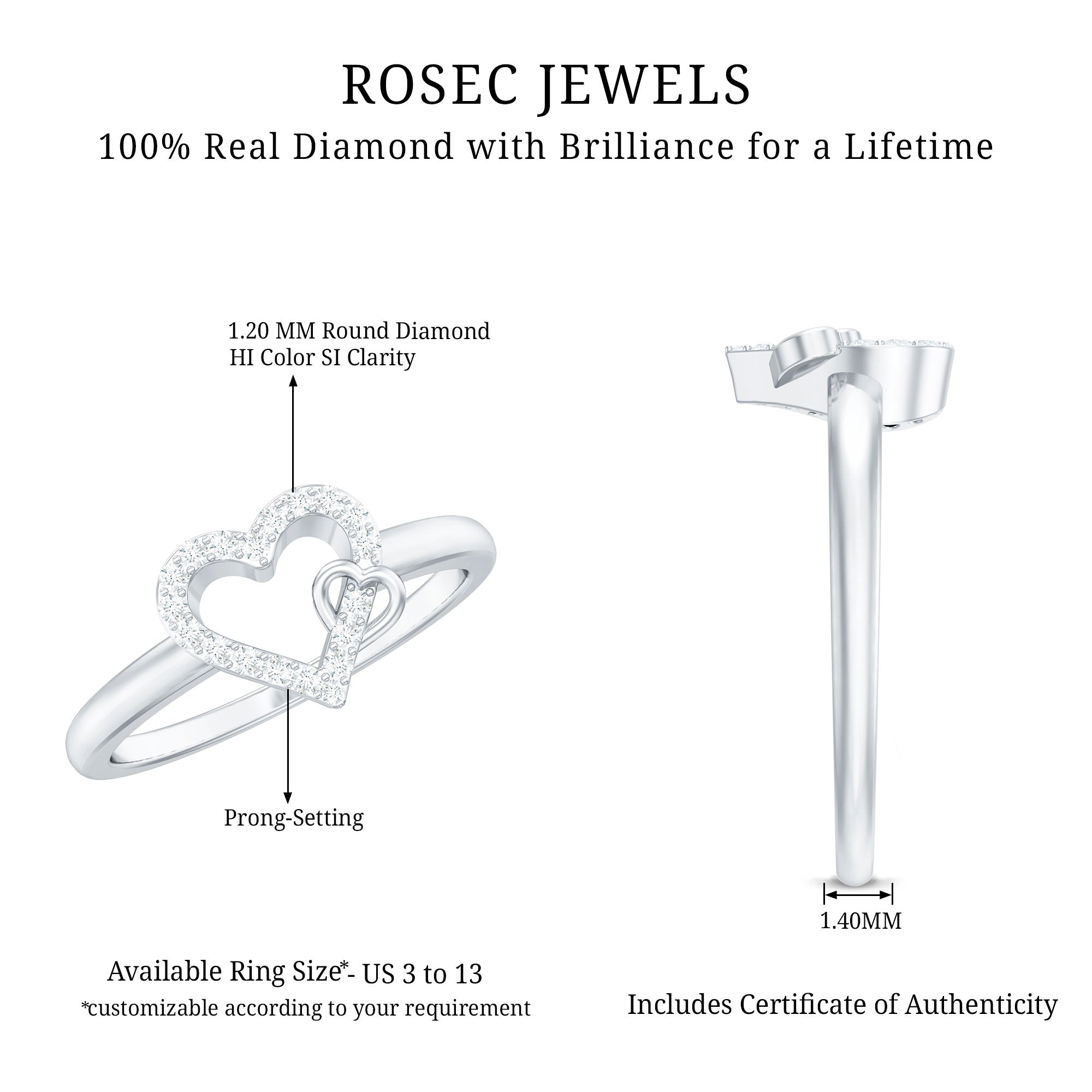 Certified Diamond Open Heart Promise Ring Natural - ( HI-SI ) - Rosec Jewels