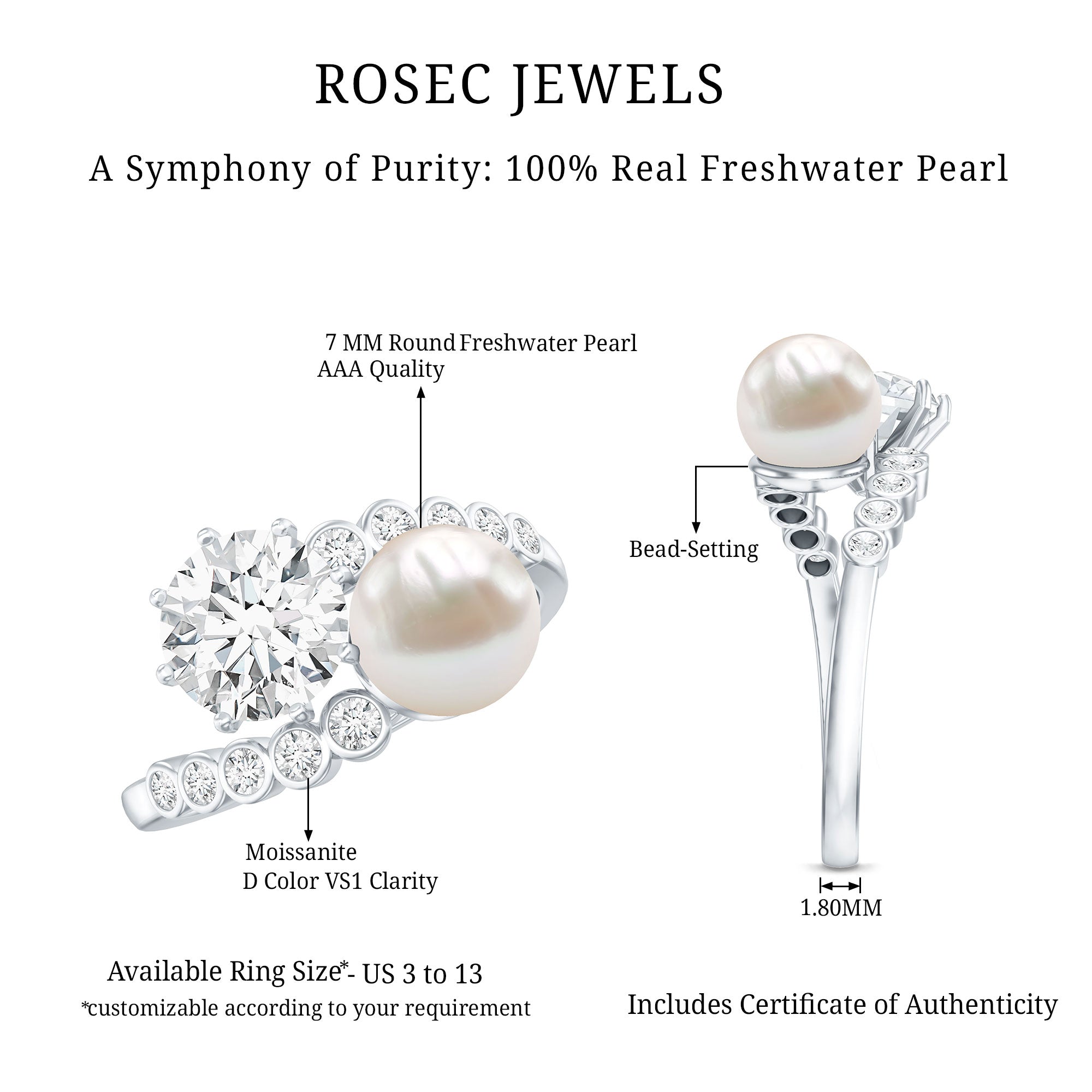 Freshwater Pearl and Moissanite Toi Et Moi Cocktail Ring AAA - Rosec Jewels