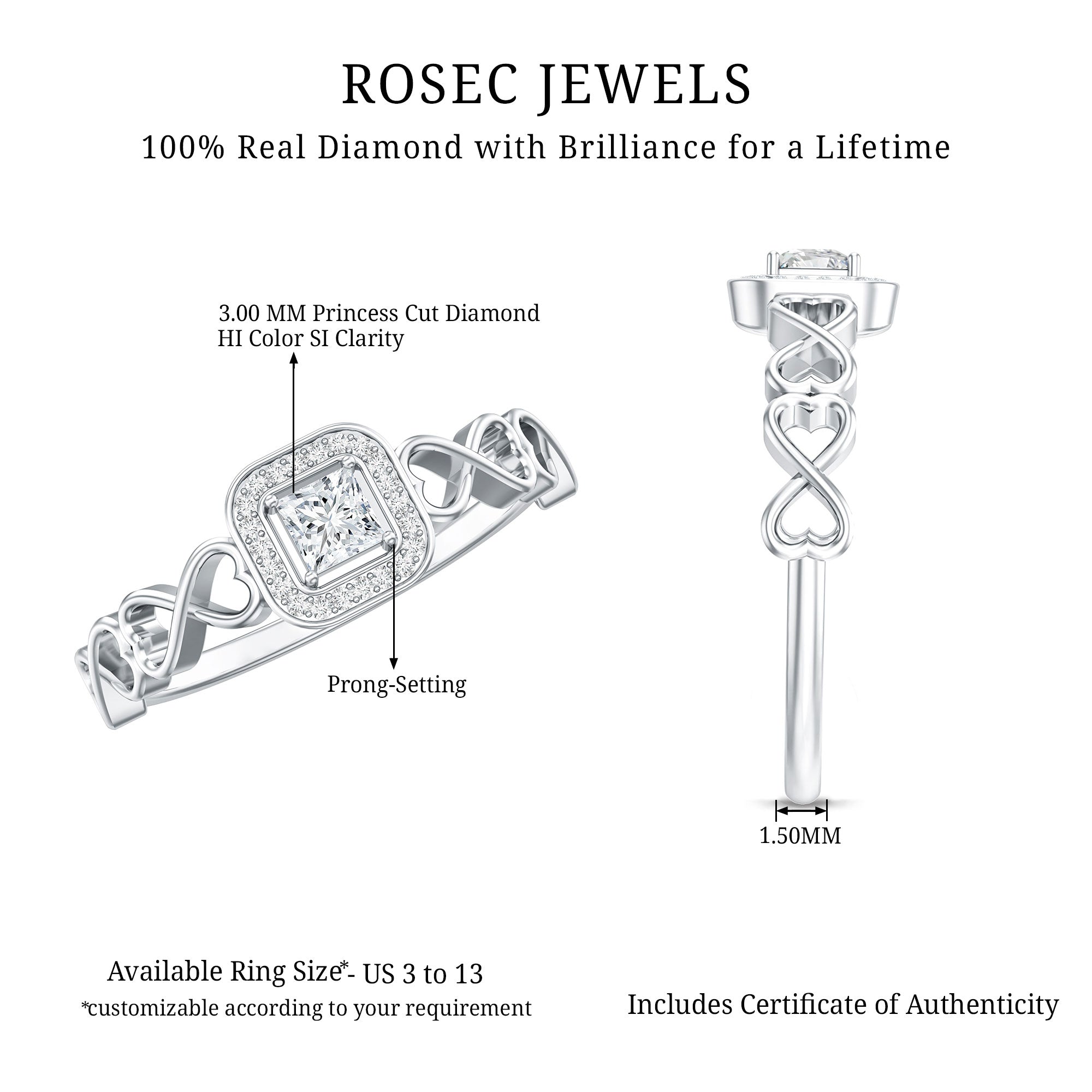 Real Princess Cut Diamond Infinity Heart Engagement Ring Natural - ( HI-SI ) - Rosec Jewels