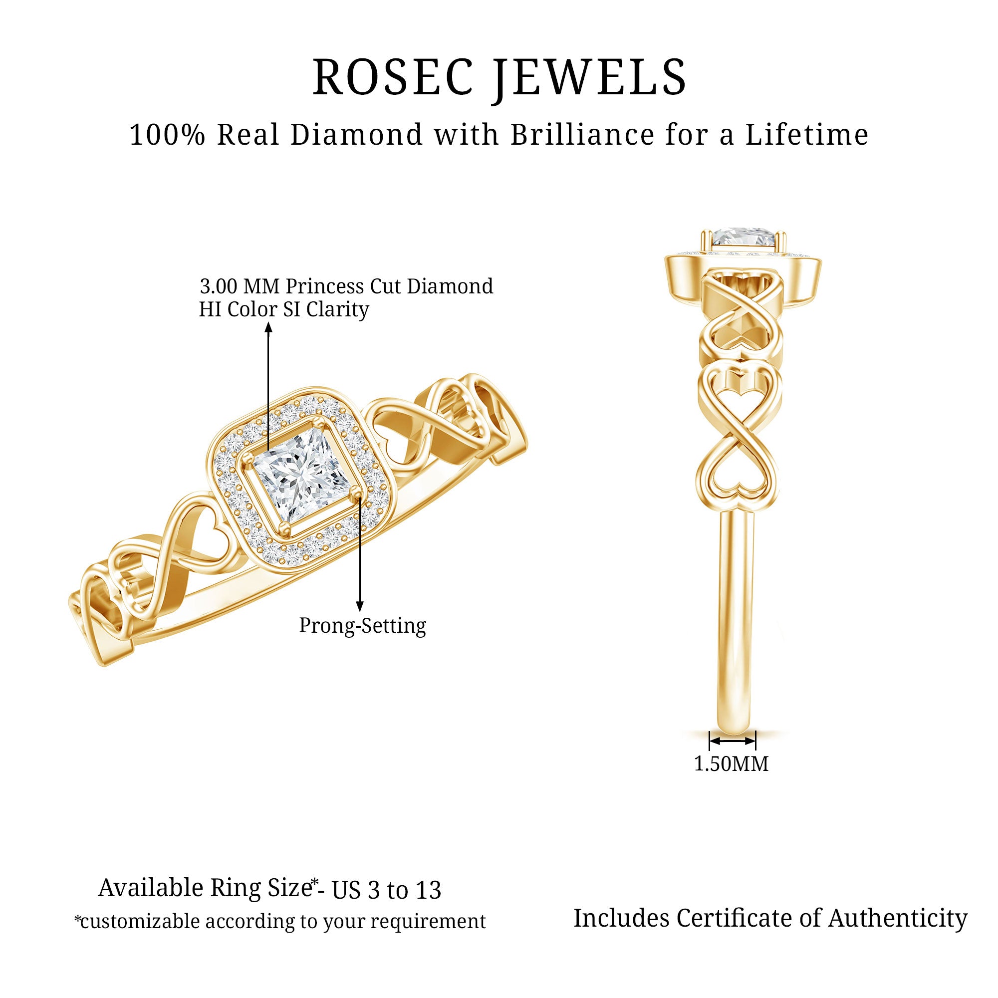 Real Princess Cut Diamond Infinity Heart Engagement Ring Natural - ( HI-SI ) - Rosec Jewels