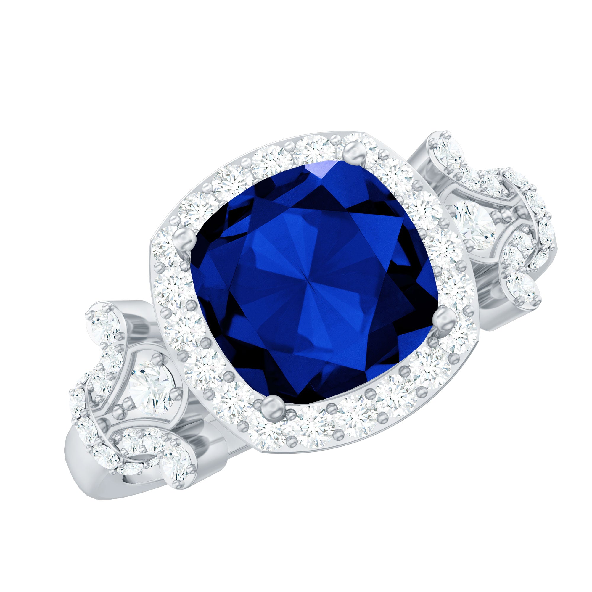 Rosec Jewels-3.5 CT Cushion Cut Created Blue Sapphire Engagement Ring with Diamond Accent