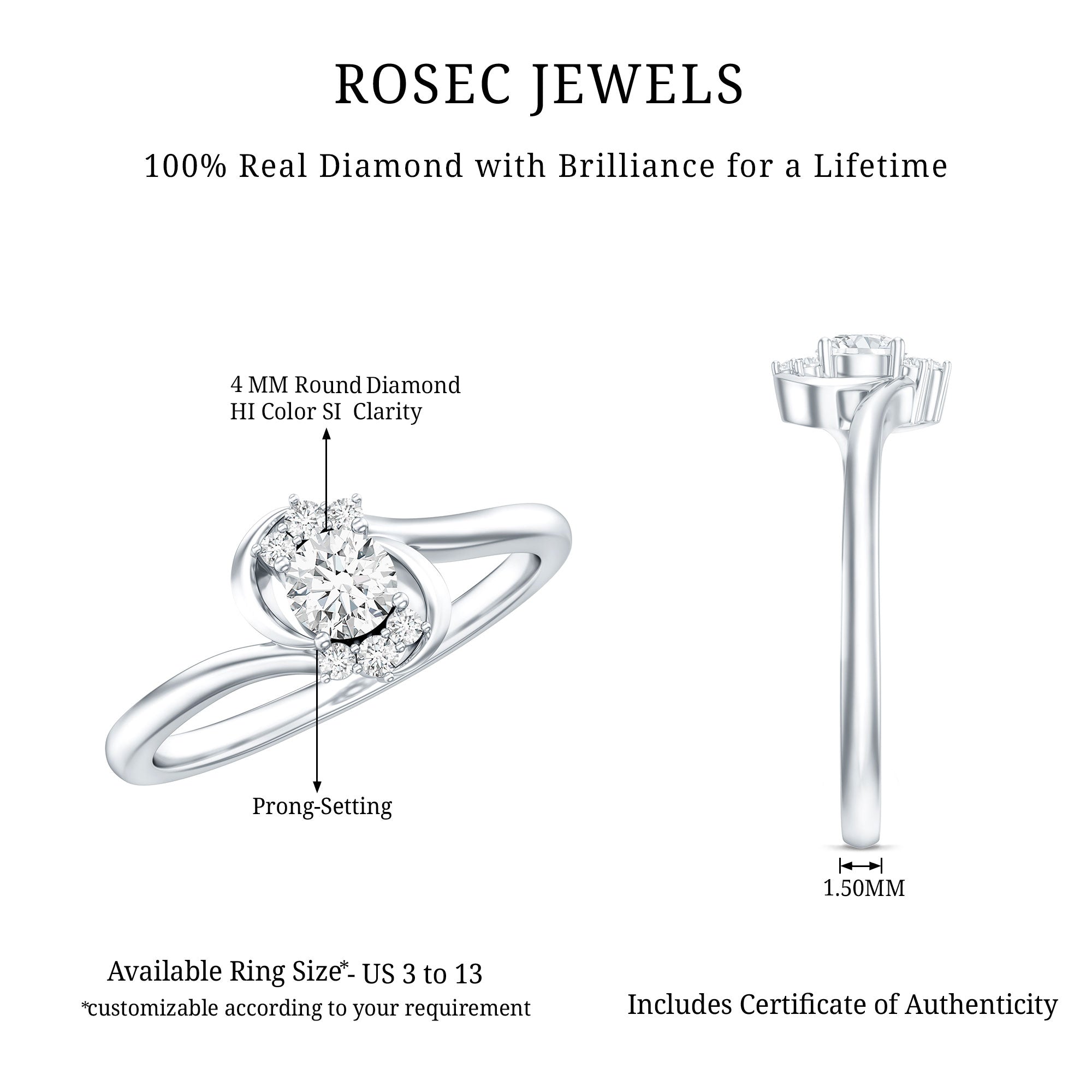 Certified Real Diamond Promise Ring with Bypass Shank Natural - ( HI-SI ) - Rosec Jewels