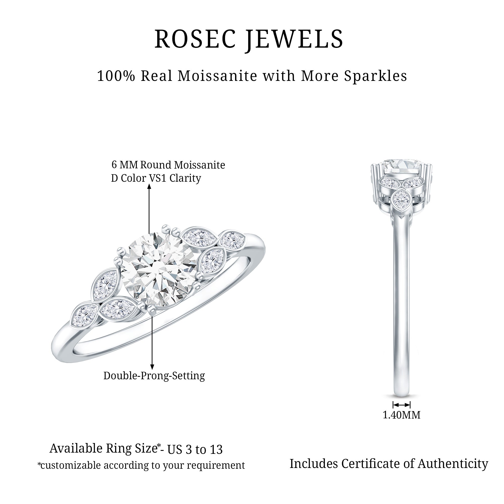 Certified Moissanite Solitaire Engagement Ring with Trio D-VS1 - Rosec Jewels