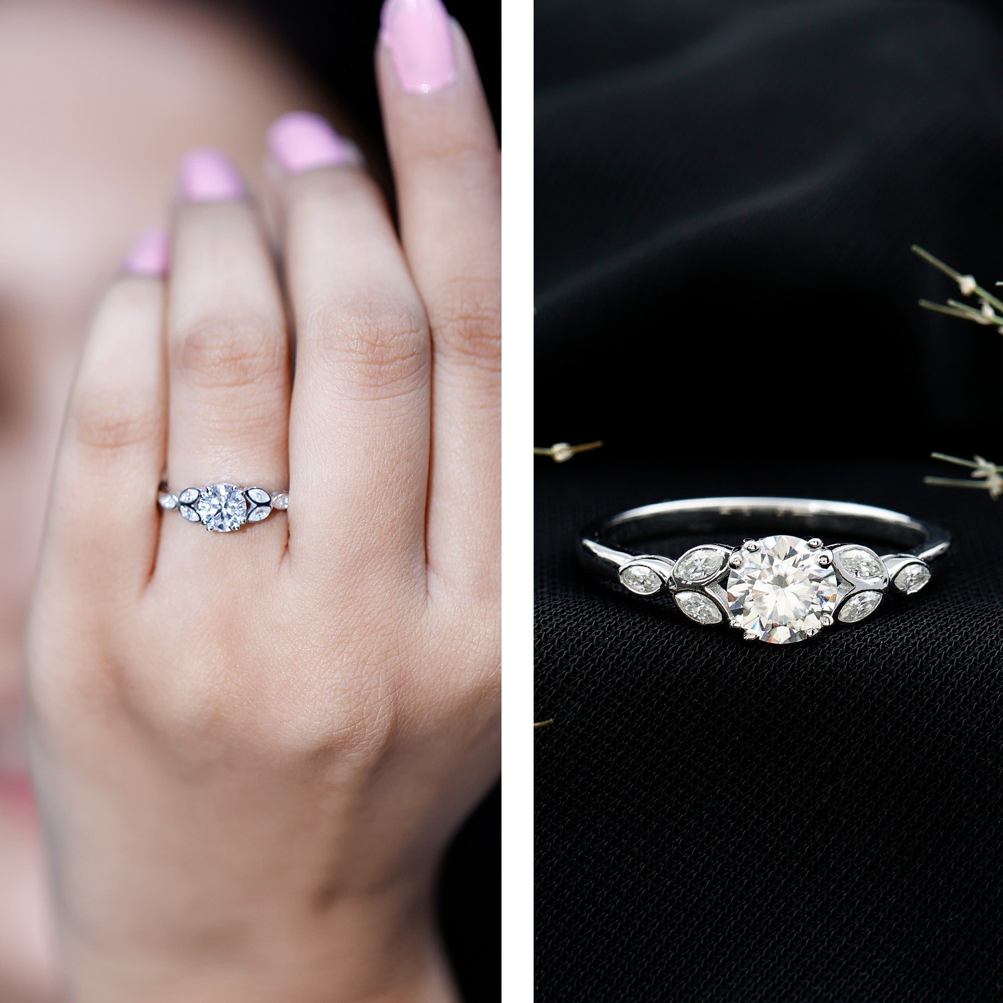 Certified Moissanite Solitaire Engagement Ring with Trio D-VS1 - Rosec Jewels