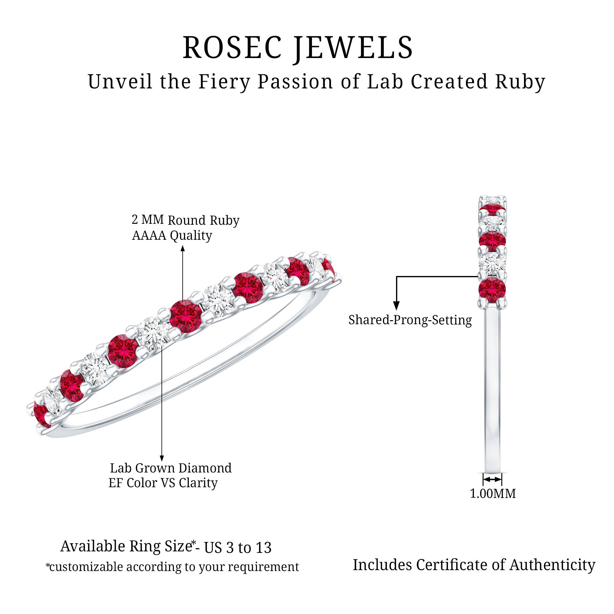 Lab Created Ruby and Diamond Stackable Band Ring AAAA - Rosec Jewels
