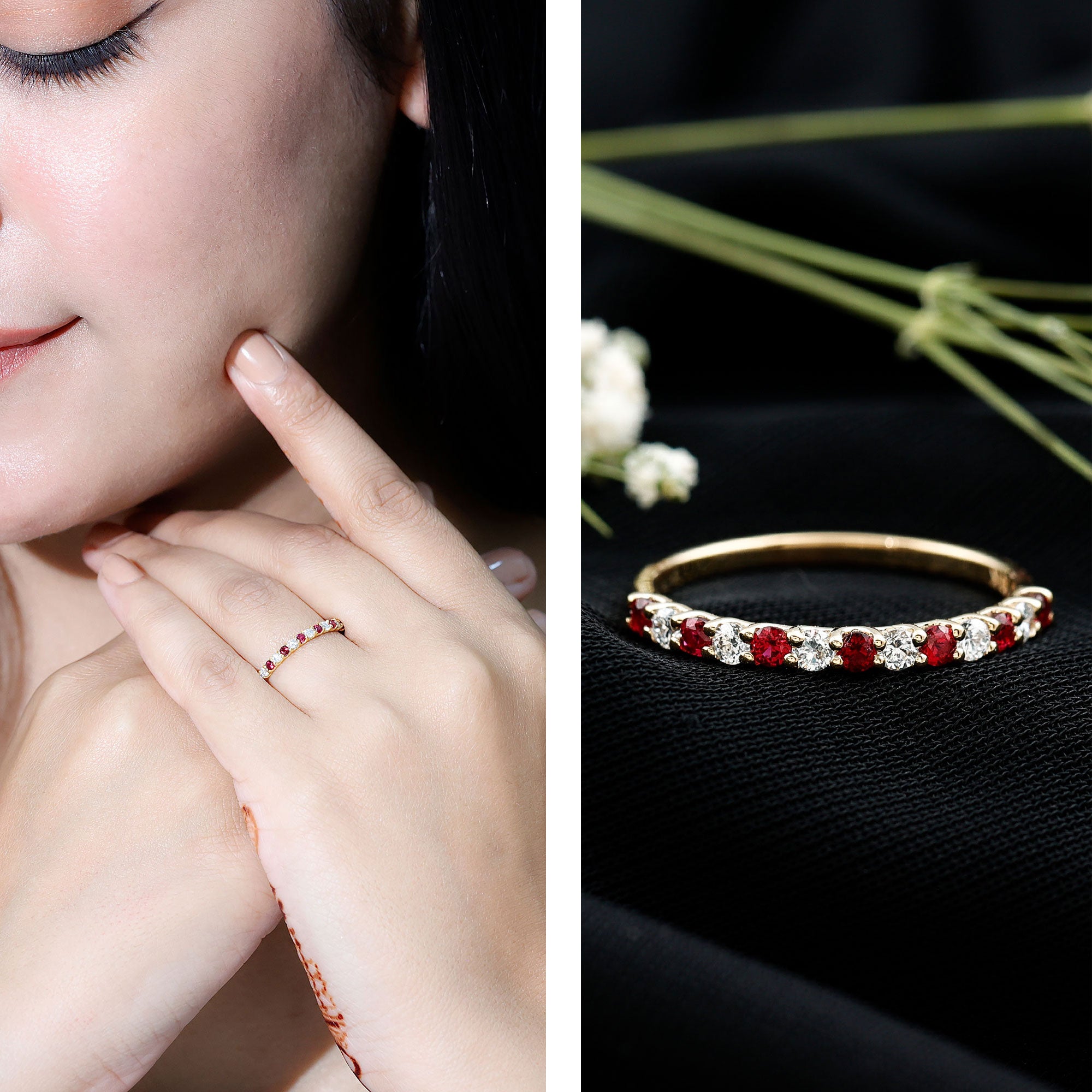 Lab Created Ruby and Diamond Stackable Band Ring AAAA - Rosec Jewels